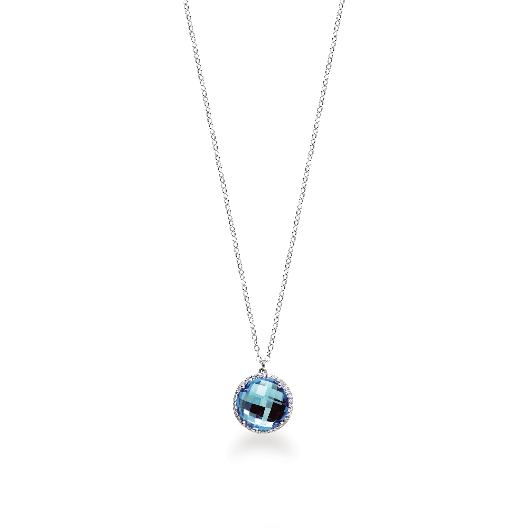 14K Solid Gold  (.16ctw) Diamond and Blue Topaz Dome Necklace