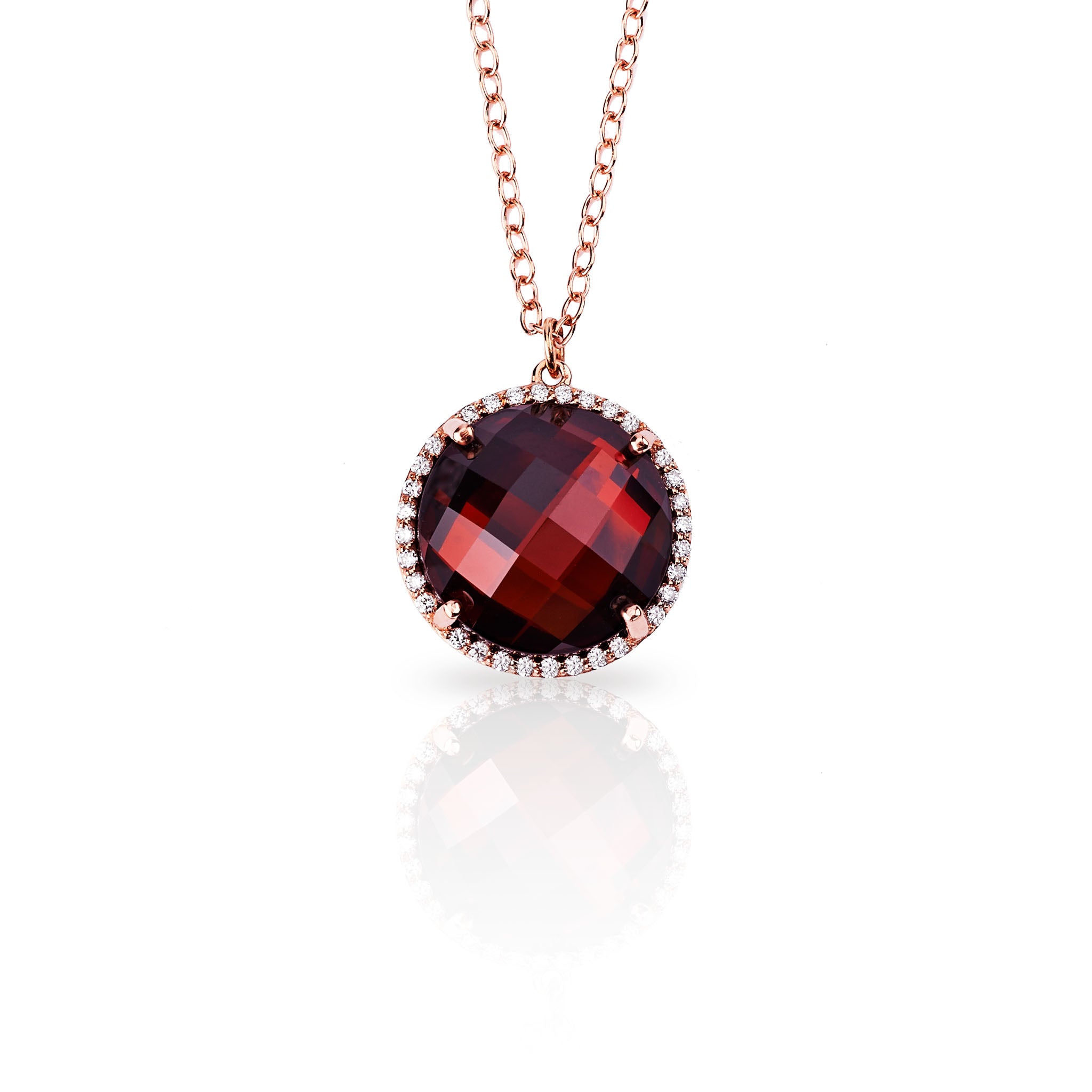 14K Solid Gold (.16ctw) Diamond and Garnet Dome Necklace