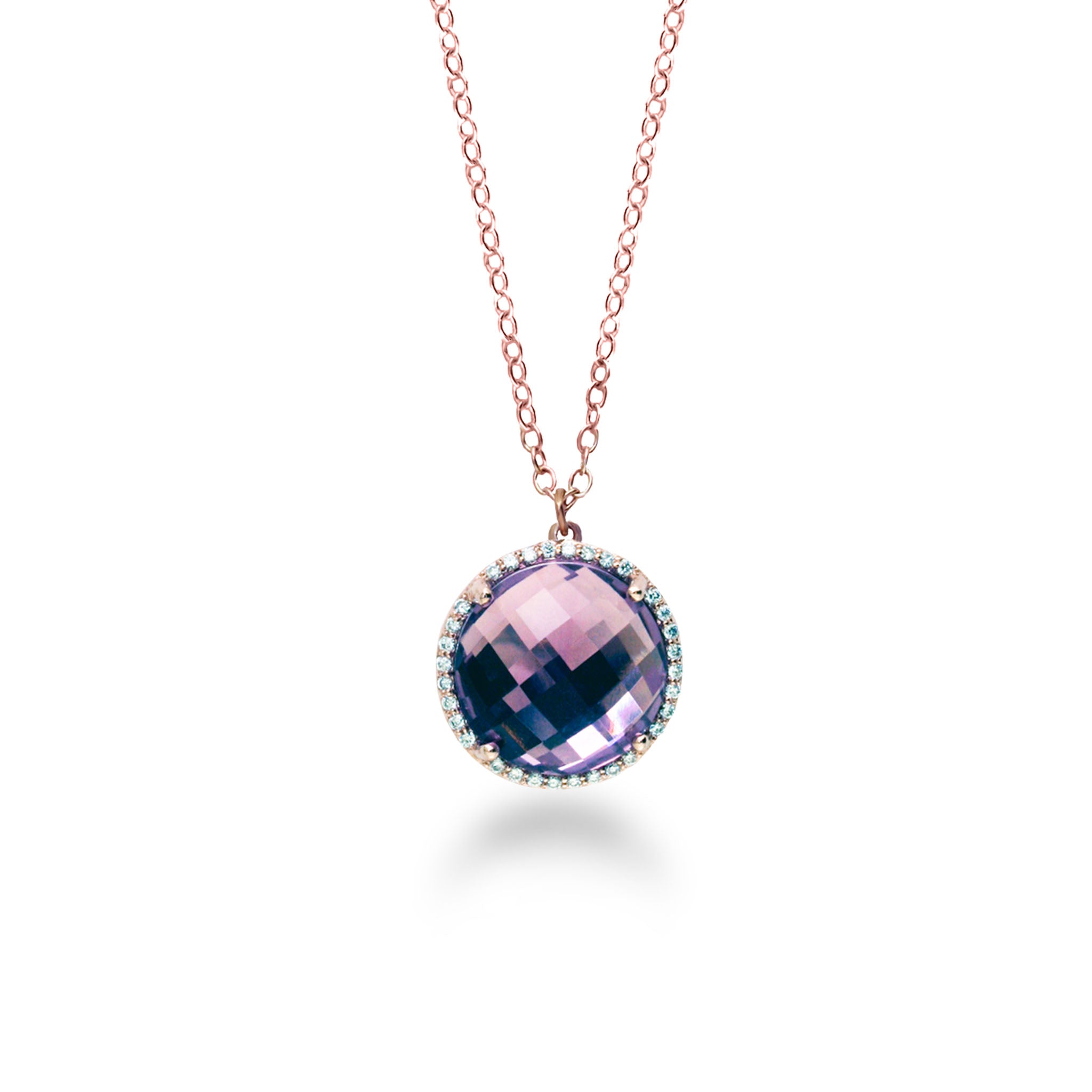 14K Solid Gold (.16ctw) Diamond and (5ctw) Amethyst Dome Necklace