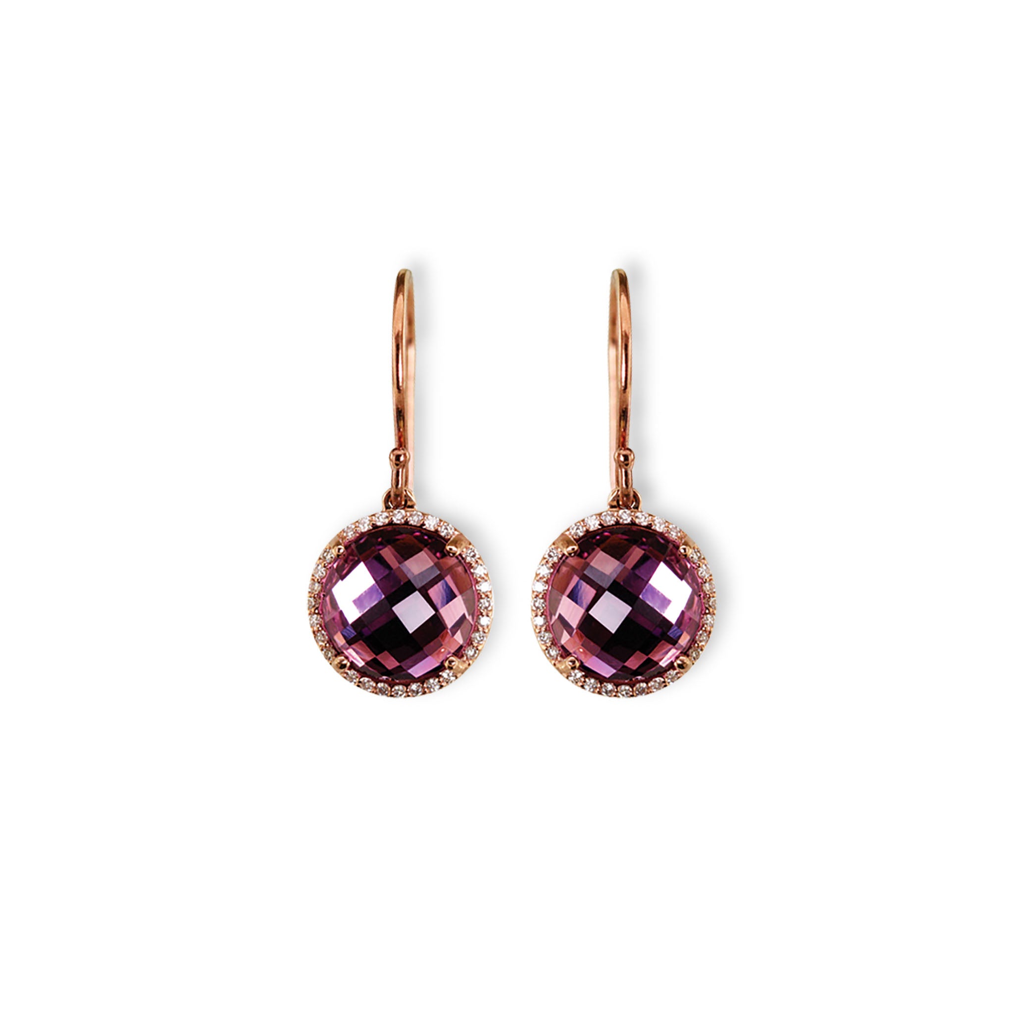 14K Solid Gold (.28ctw) Diamond and Pink Amethyst Dome Earrings