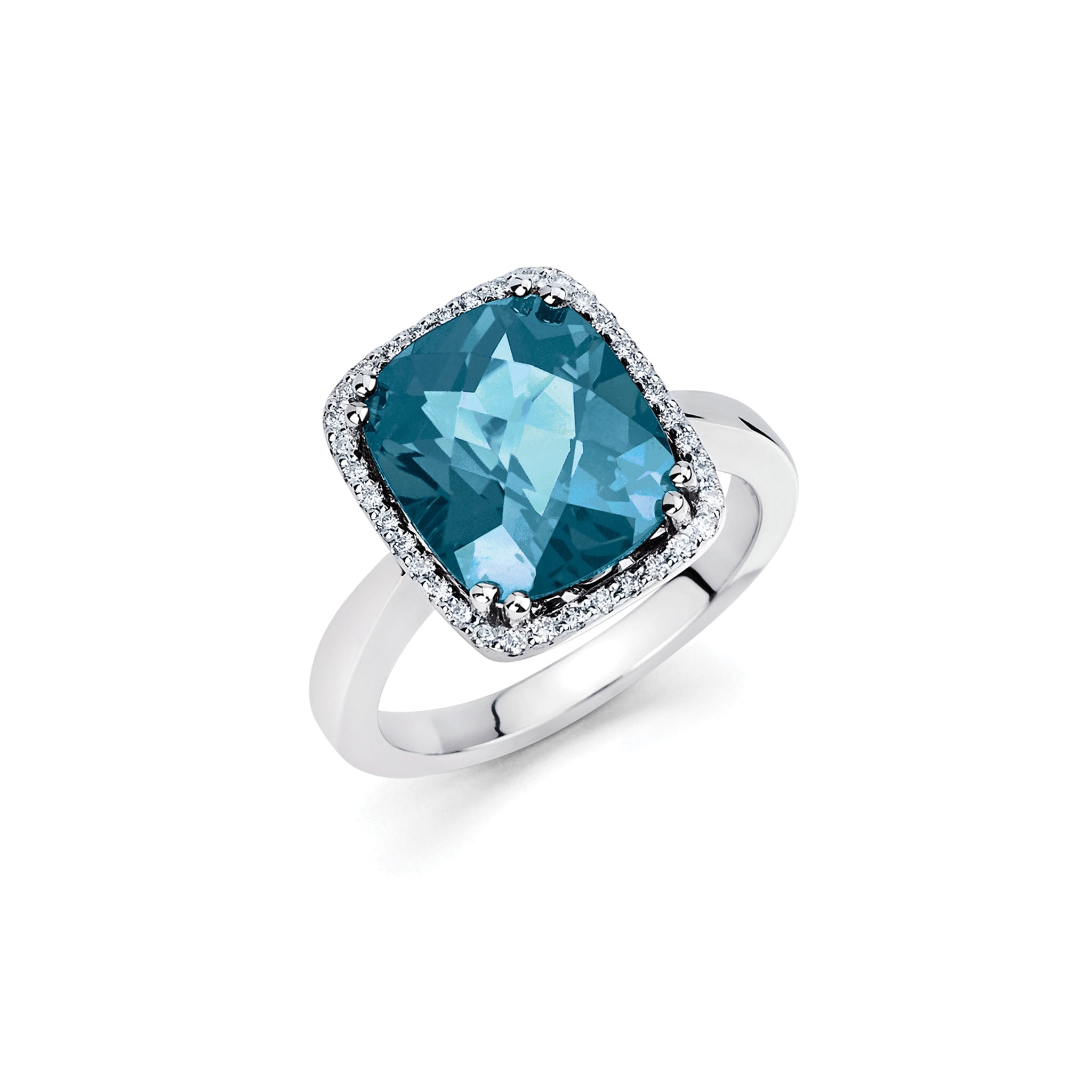 14K Solid Gold (.18ctw) Diamond and Square Blue Topaz Ring