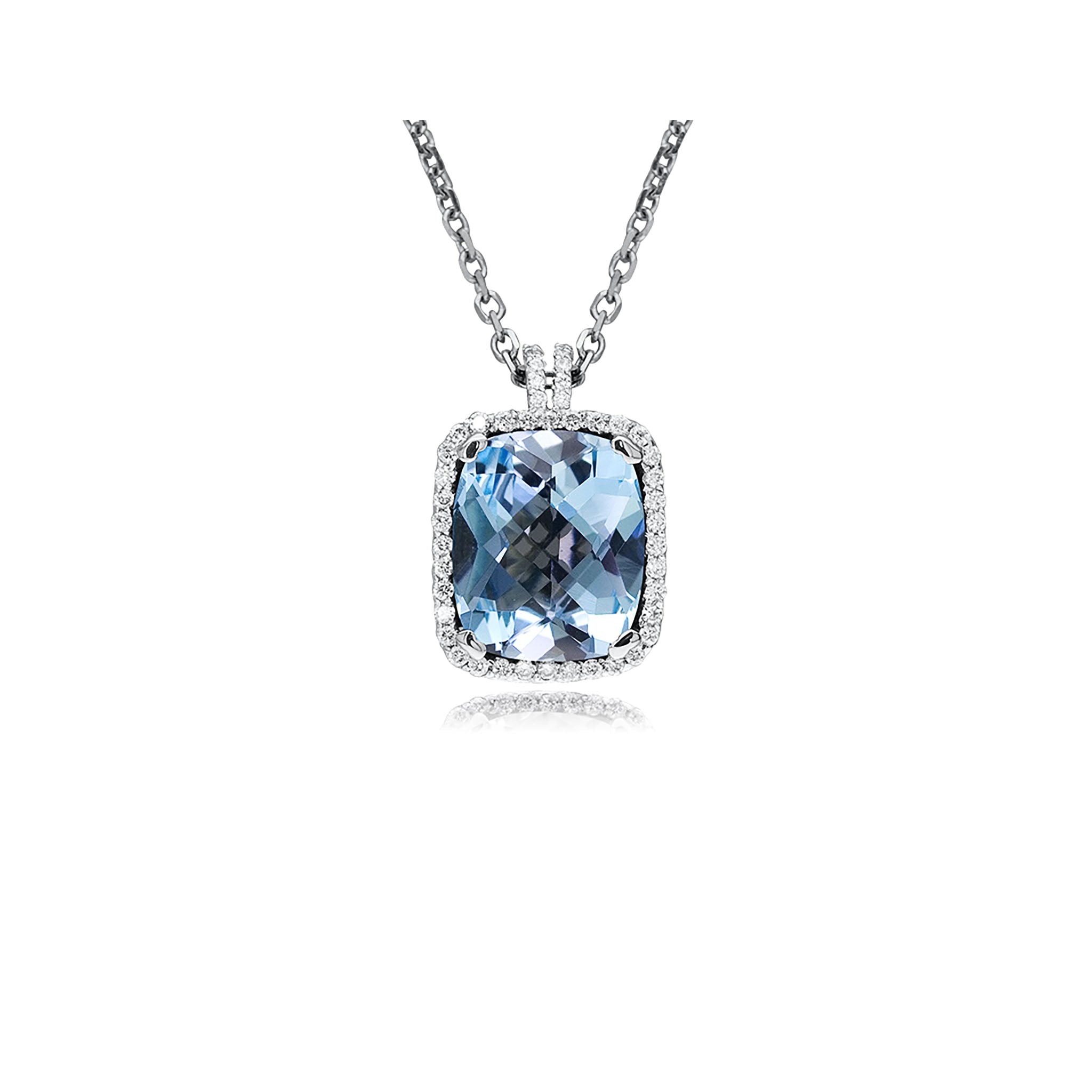 14K Solid Gold (.16ctw) Diamond and Light Blue Topaz Necklace