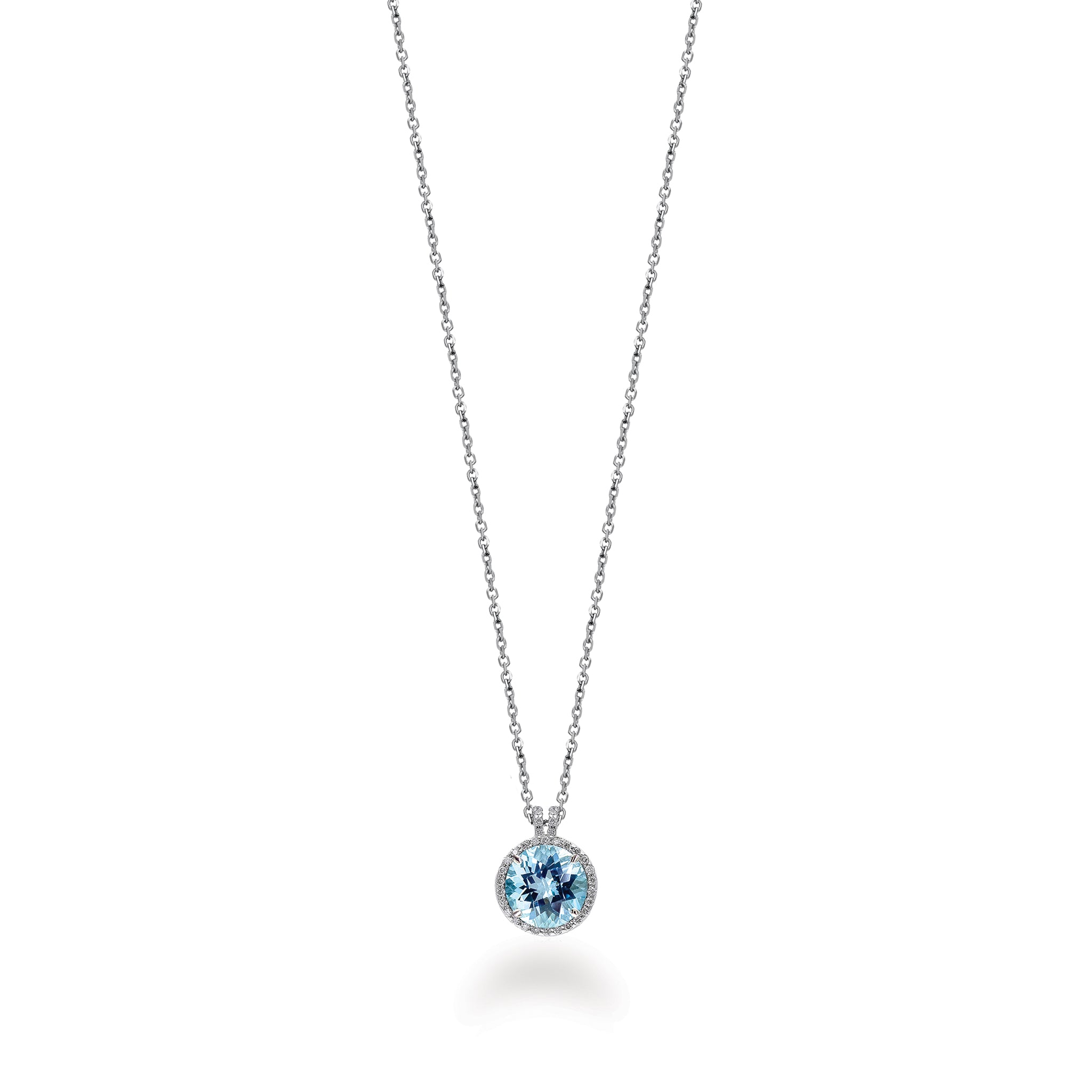 14K Solid Gold (.14ctw) Diamond and Light Blue Round Topaz Necklace