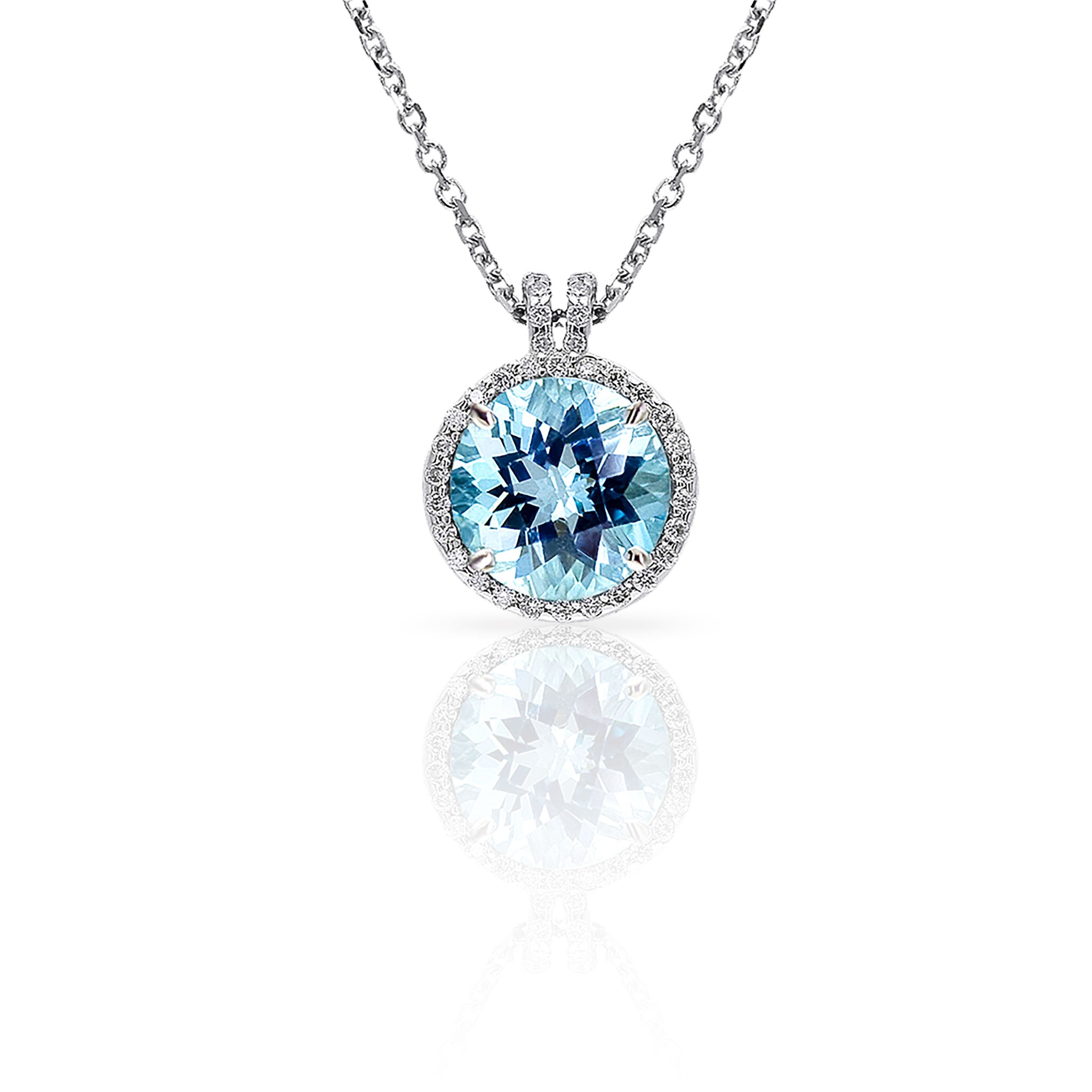 14K Solid Gold (.14ctw) Diamond and Light Blue Round Topaz Necklace