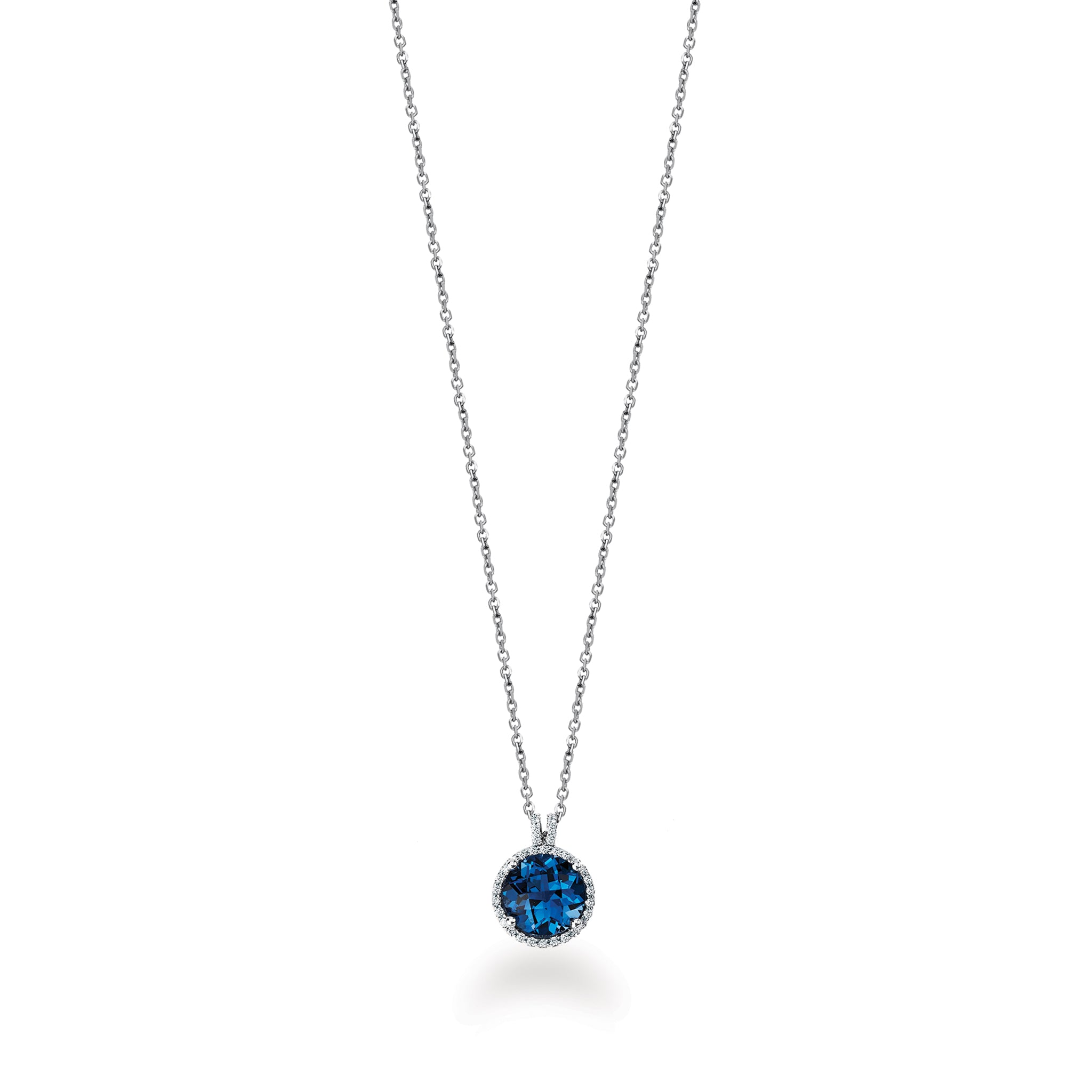 14K Solid Gold  (.14ctw) Diamond and Blue Round Topaz Gemstone Necklace