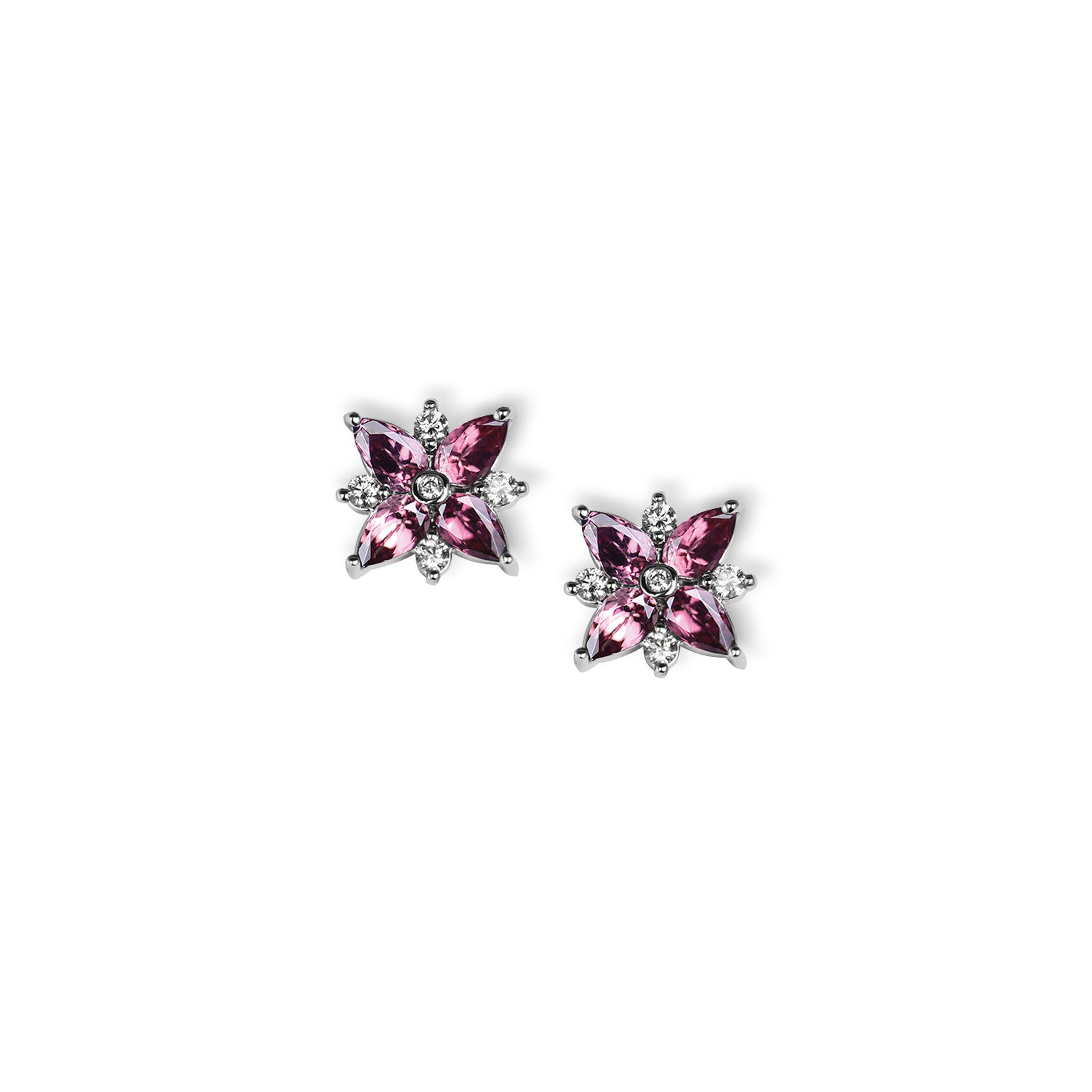 14K Solid Gold  (.92ctw) Marquise Rhodolite and  (.14ctw) Diamond Earrings