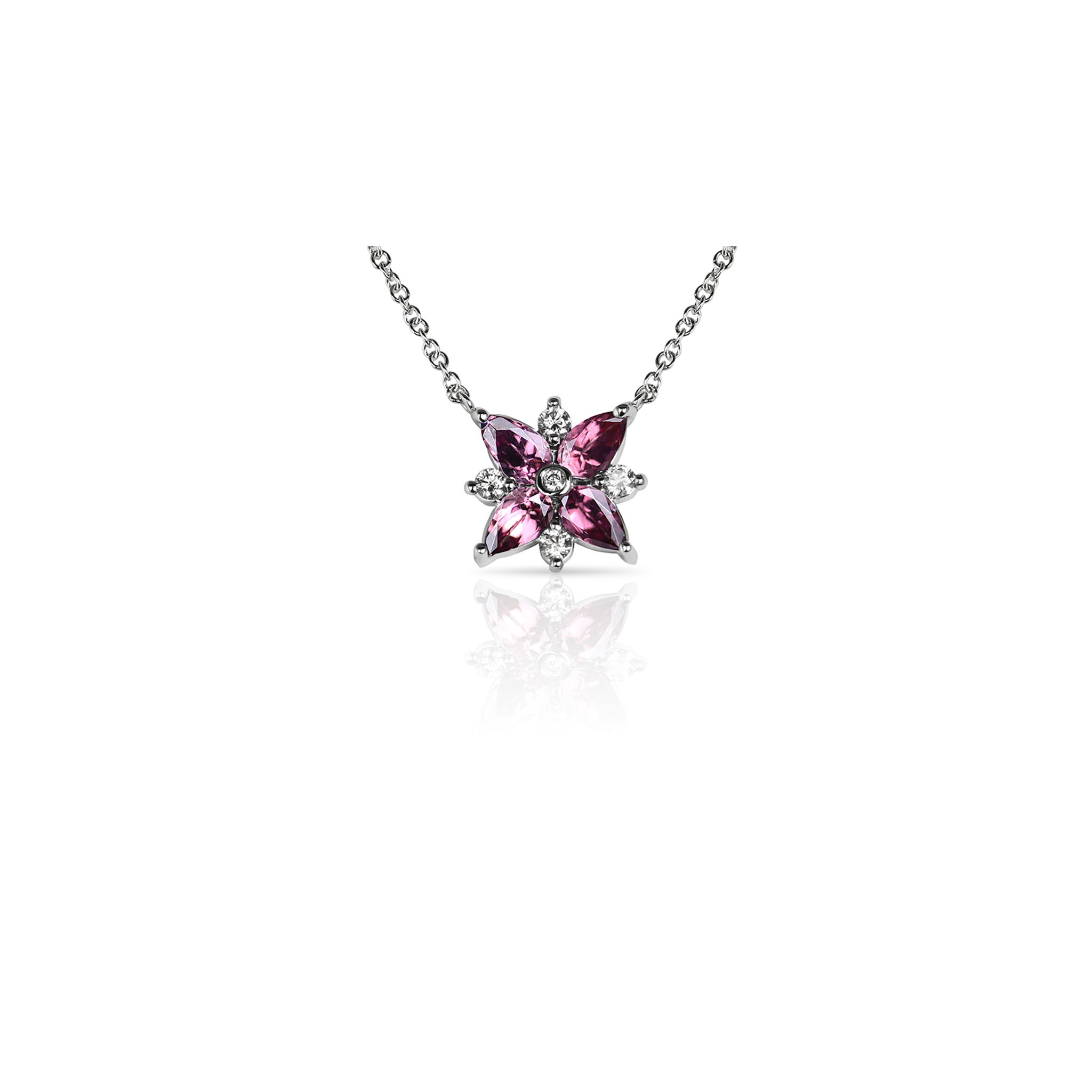 14K Solid Gold (.92ctw) Marquise Rhodolite and (.14ctw) Diamond Necklace