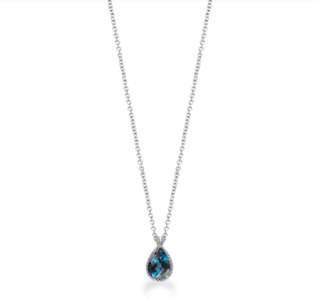 14K Solid Gold Pear Blue Topaz and (.11ctw) Diamond Necklace