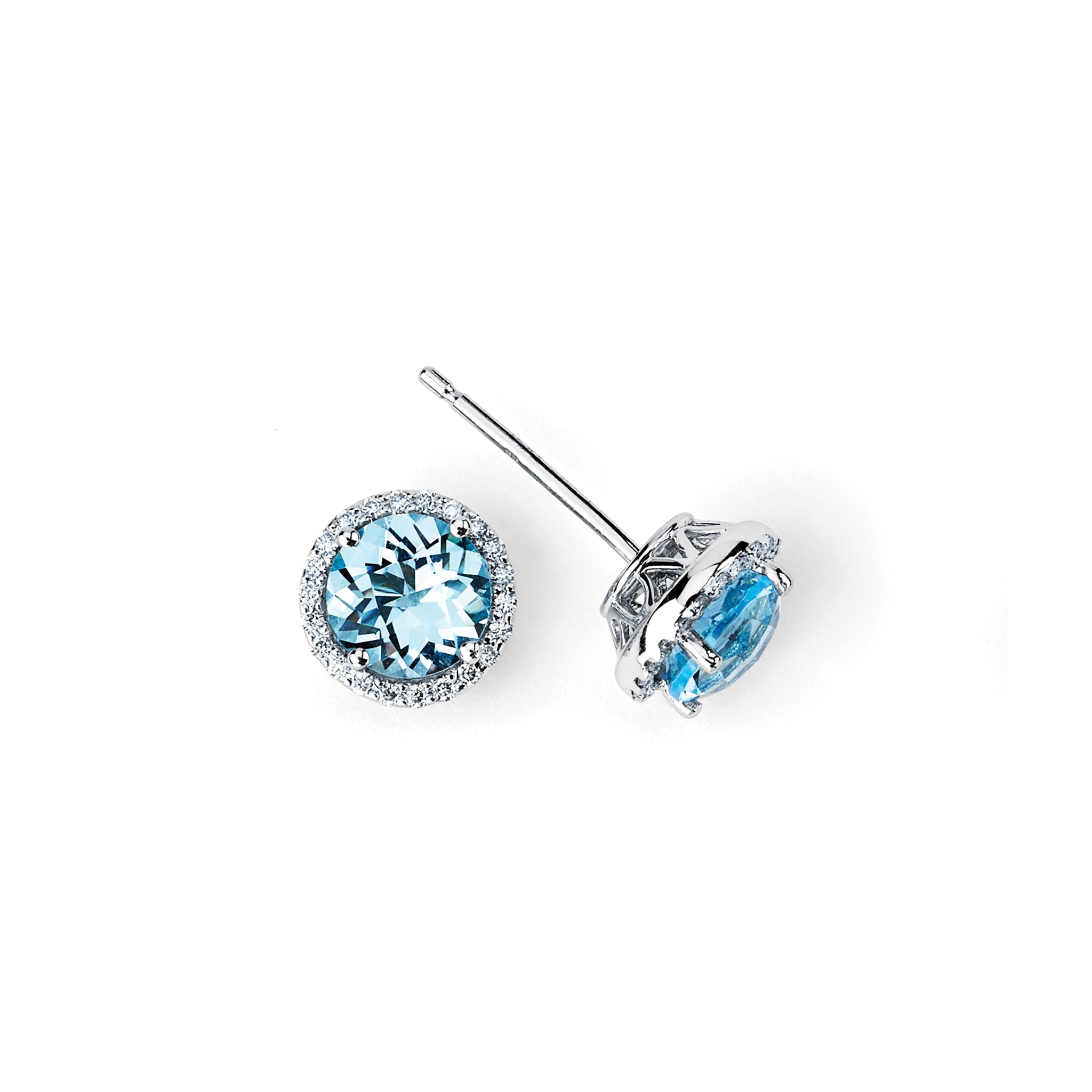 14K Solid Gold  (.14ctw) Diamond and Round Blue Topaz Gemstone Earrings