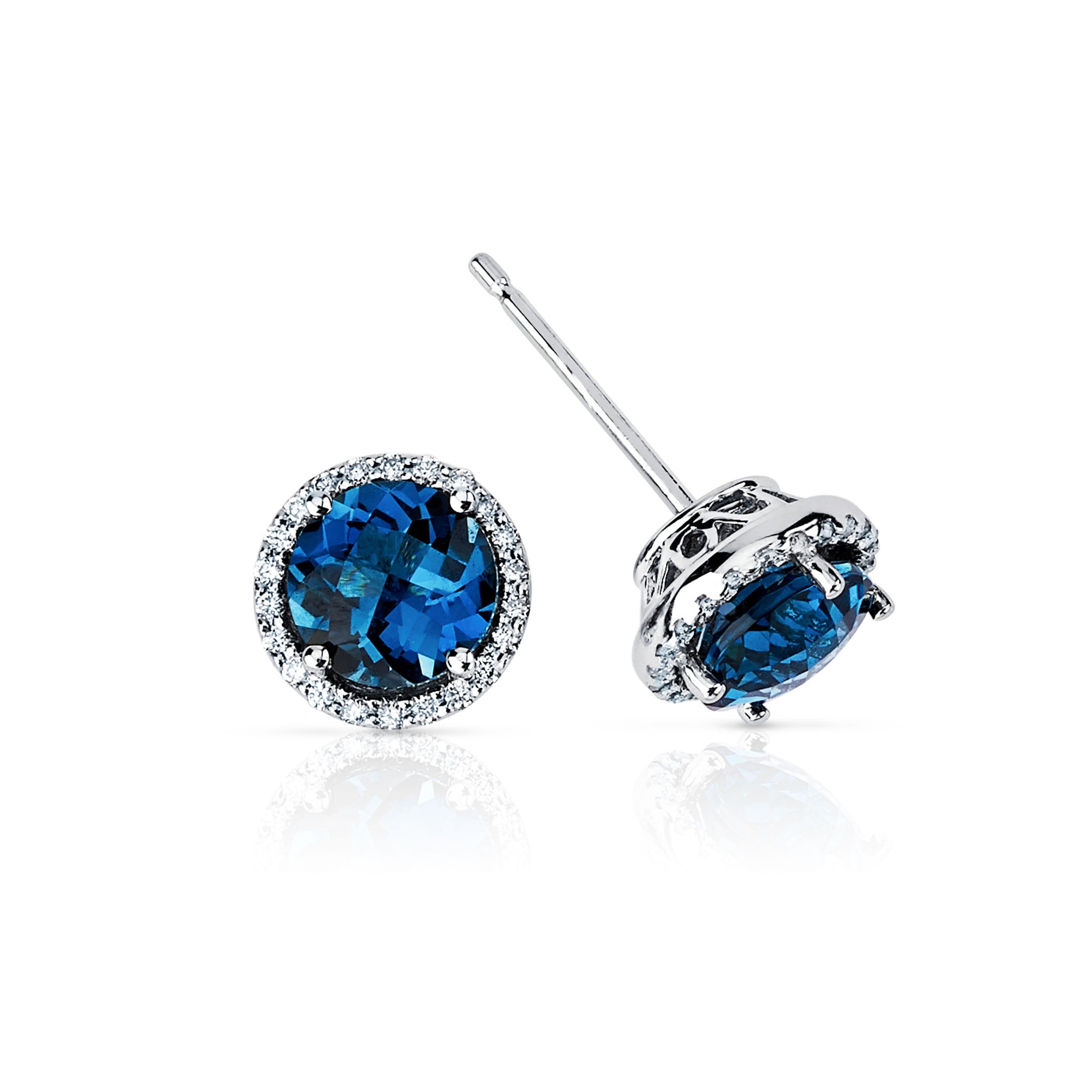 14K Solid Gold (.14ctw) Diamond and Round Blue Topaz Gemstone Earrings