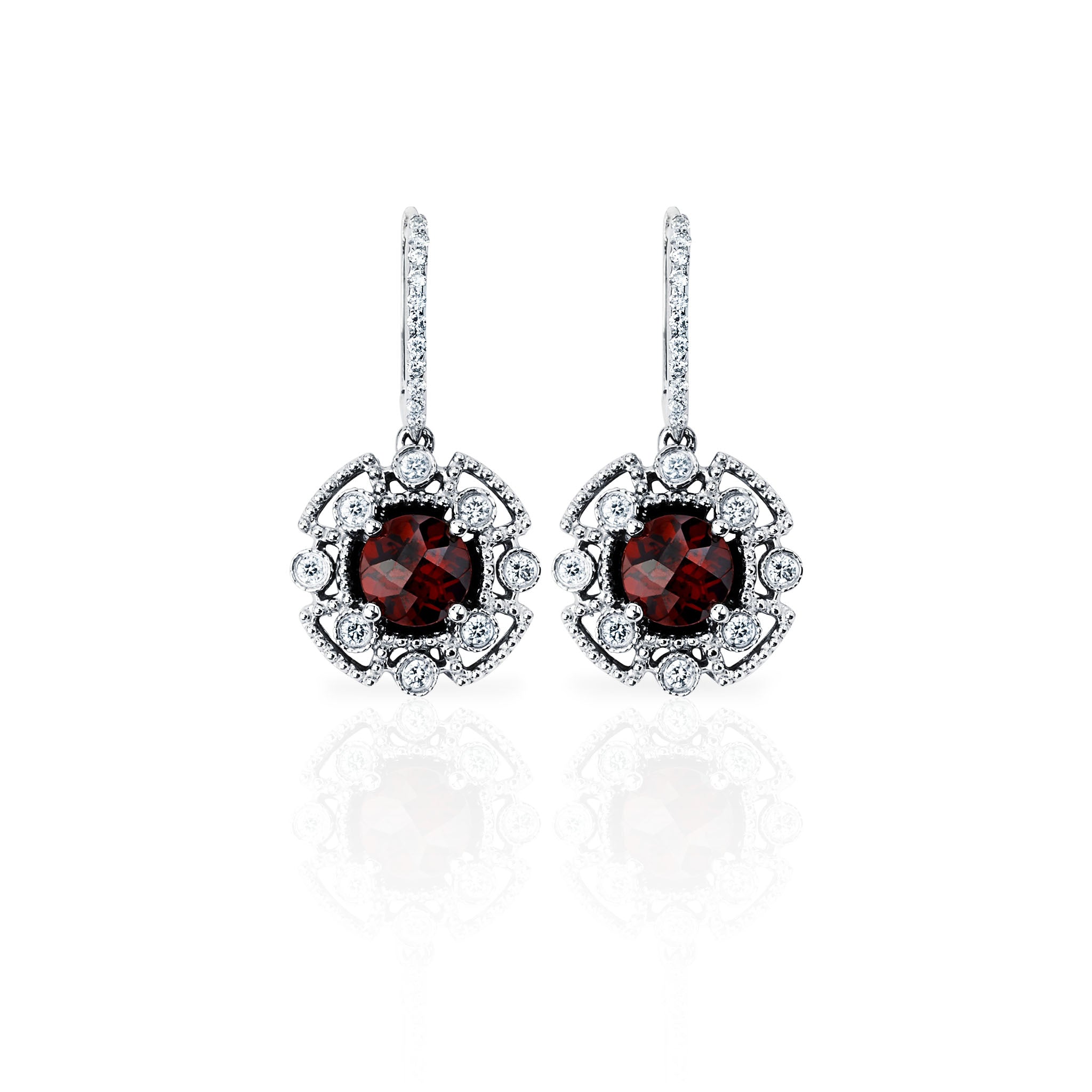 14K Solid Gold (.40ctw) Diamond and Red Garnet Earrings