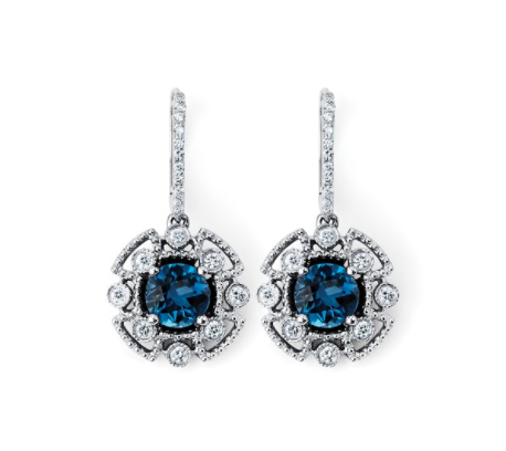 14K Solid Gold Blue Topaz Gemstone and (.40ctw) Diamond Earrings