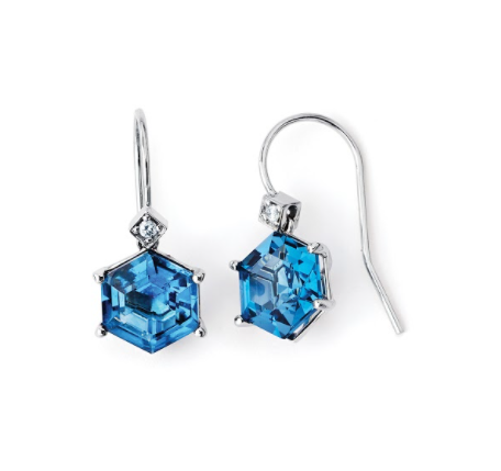 14K Solid Gold Hexagonal Blue Topaz Gemstone Earrings with (0.04ctw) Diamonds