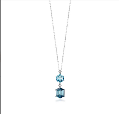 14K Solid Gold Double Hexagon (3.85ctw) Blue Topaz Gemstone Necklace with (0.04ctw) Diamond