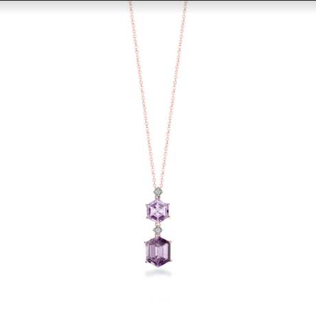 14K Solid Gold Double Hexagon (3.85ctw) Amethyst Gemstone Necklace with (0.04ctw) Diamond