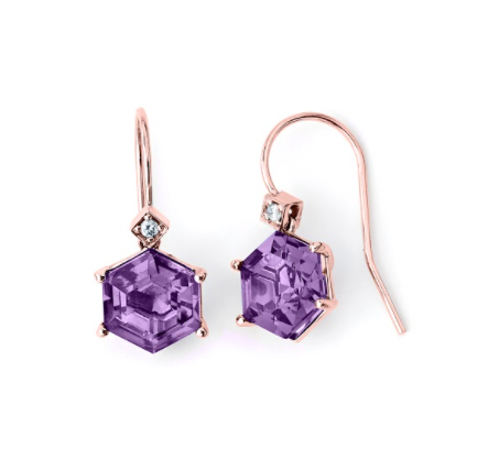 14K Solid Gold Hexagon Amethyst Gemstone Earrings with (0.04ctw) Diamonds