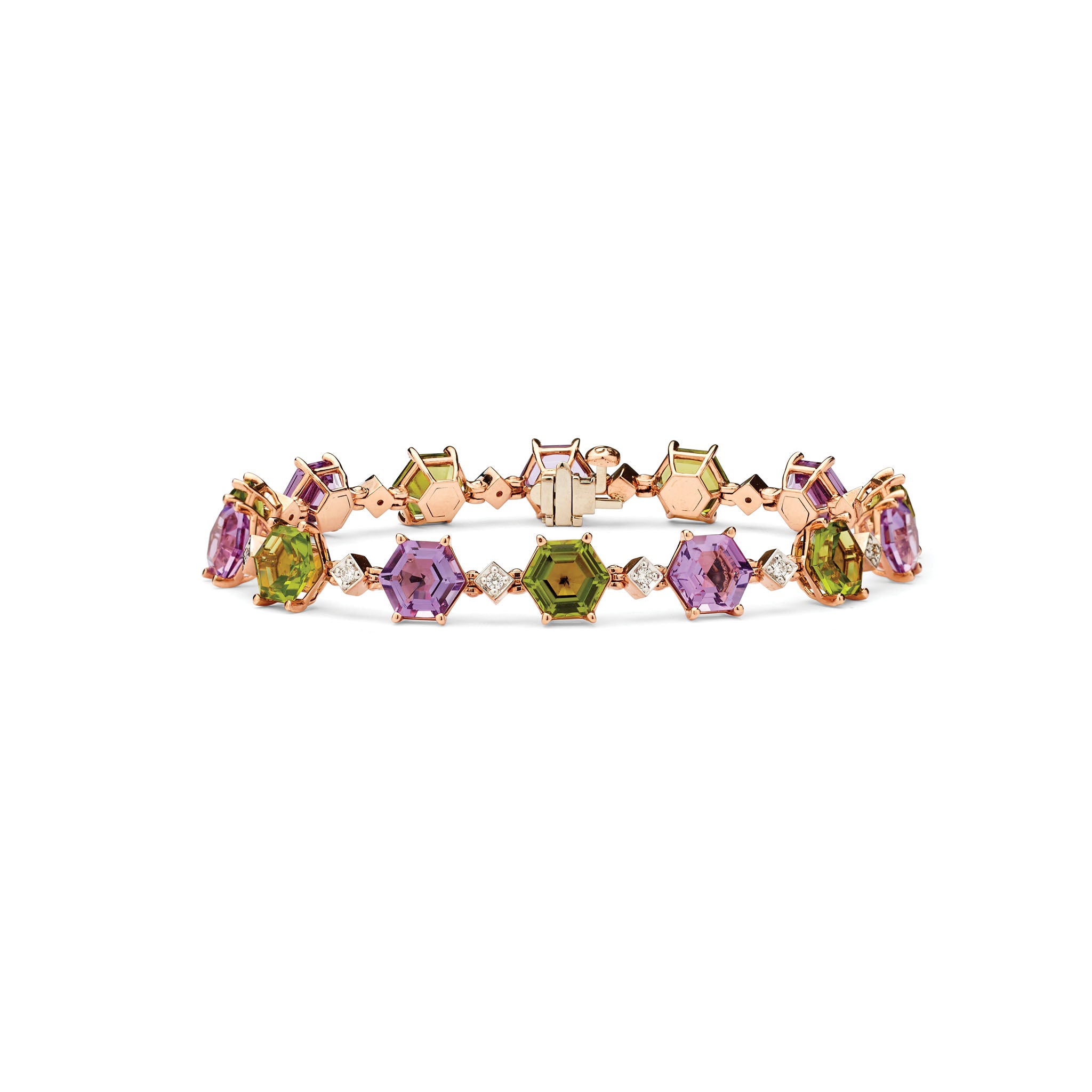 14K Solid Gold (0.25ctw) Diamond with Peridot and Amethyst Gemstone Bracelet