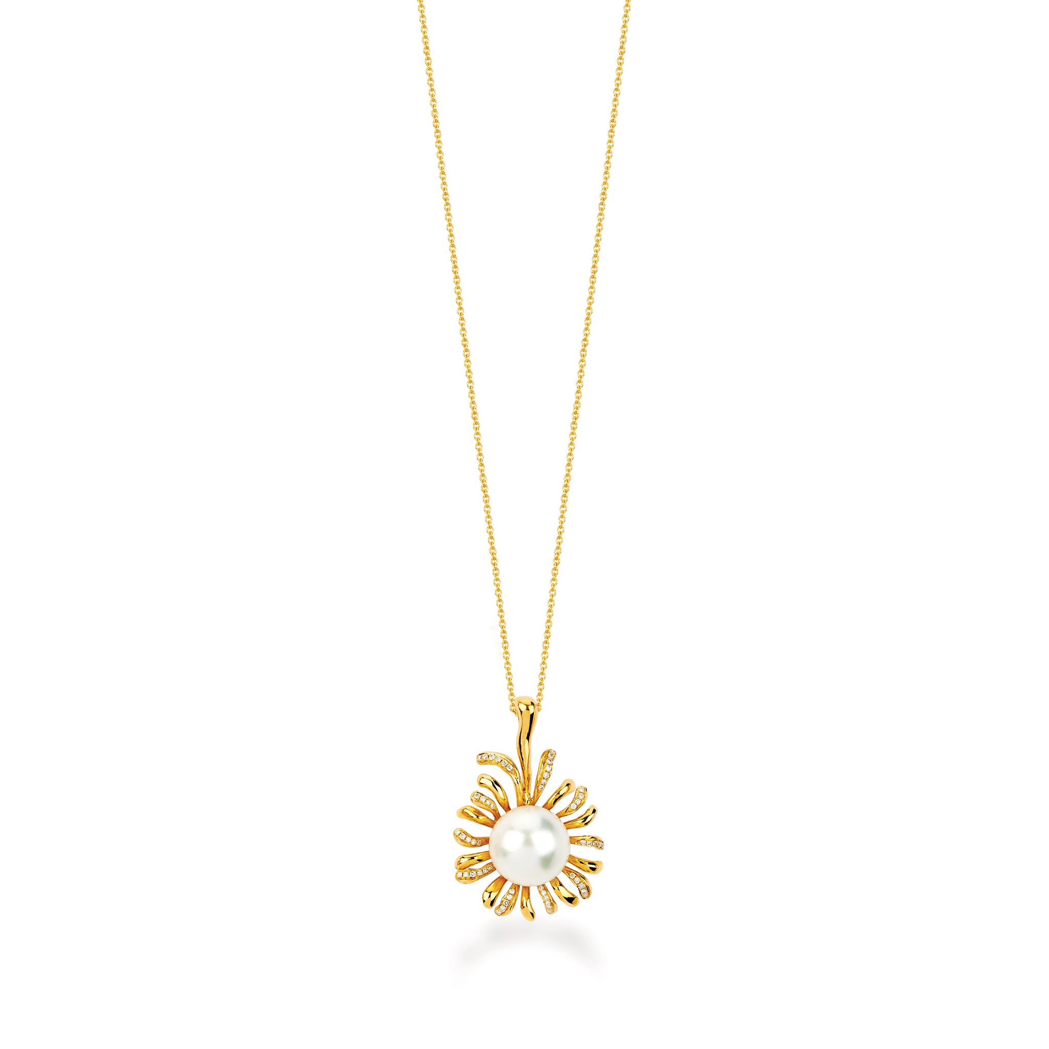 18K Solid Gold (.17ctw) Diamond and Pearl Flower Pendant