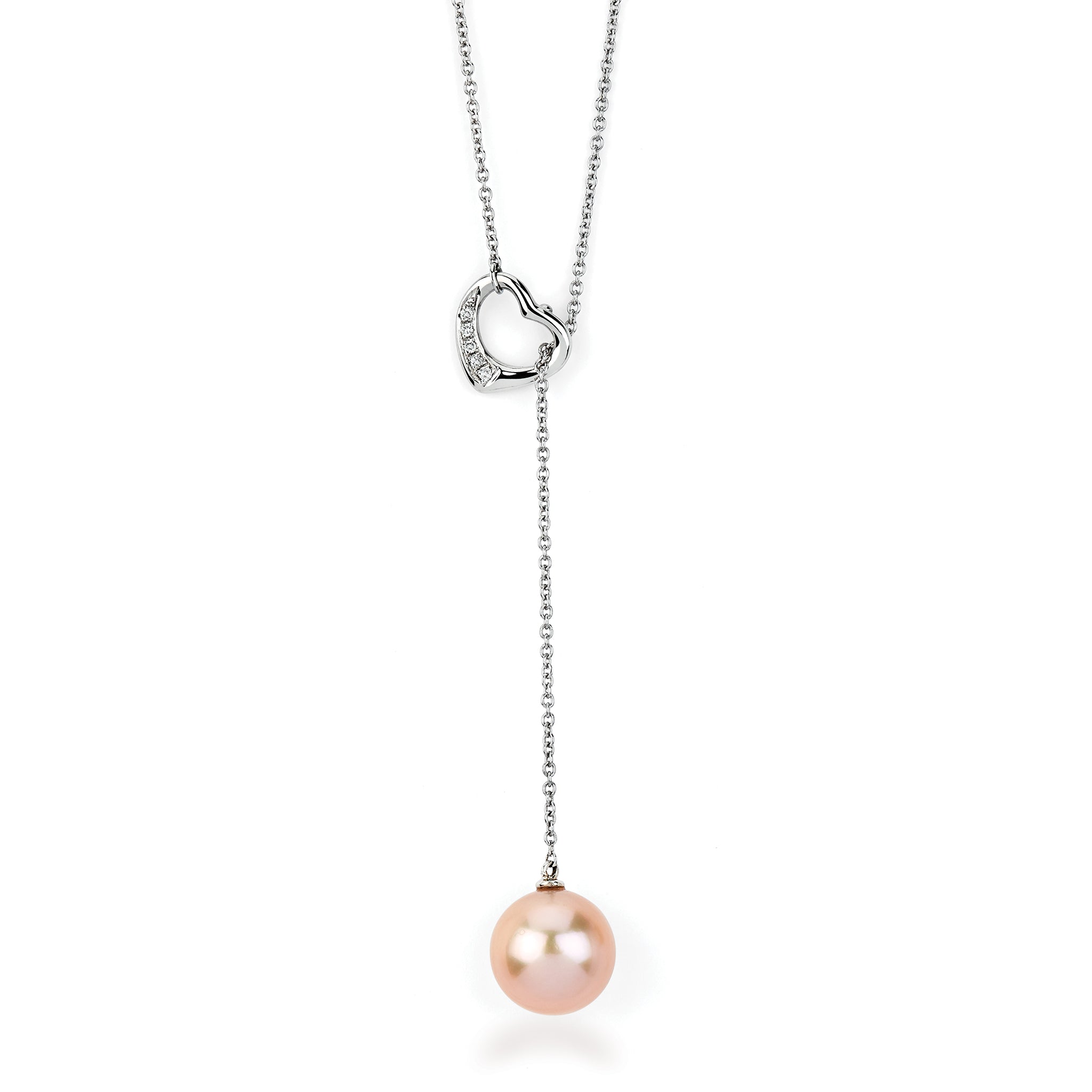 18K Solid Gold (.40ctw) Diamond and Cultured Pearl Drop Heart Necklace