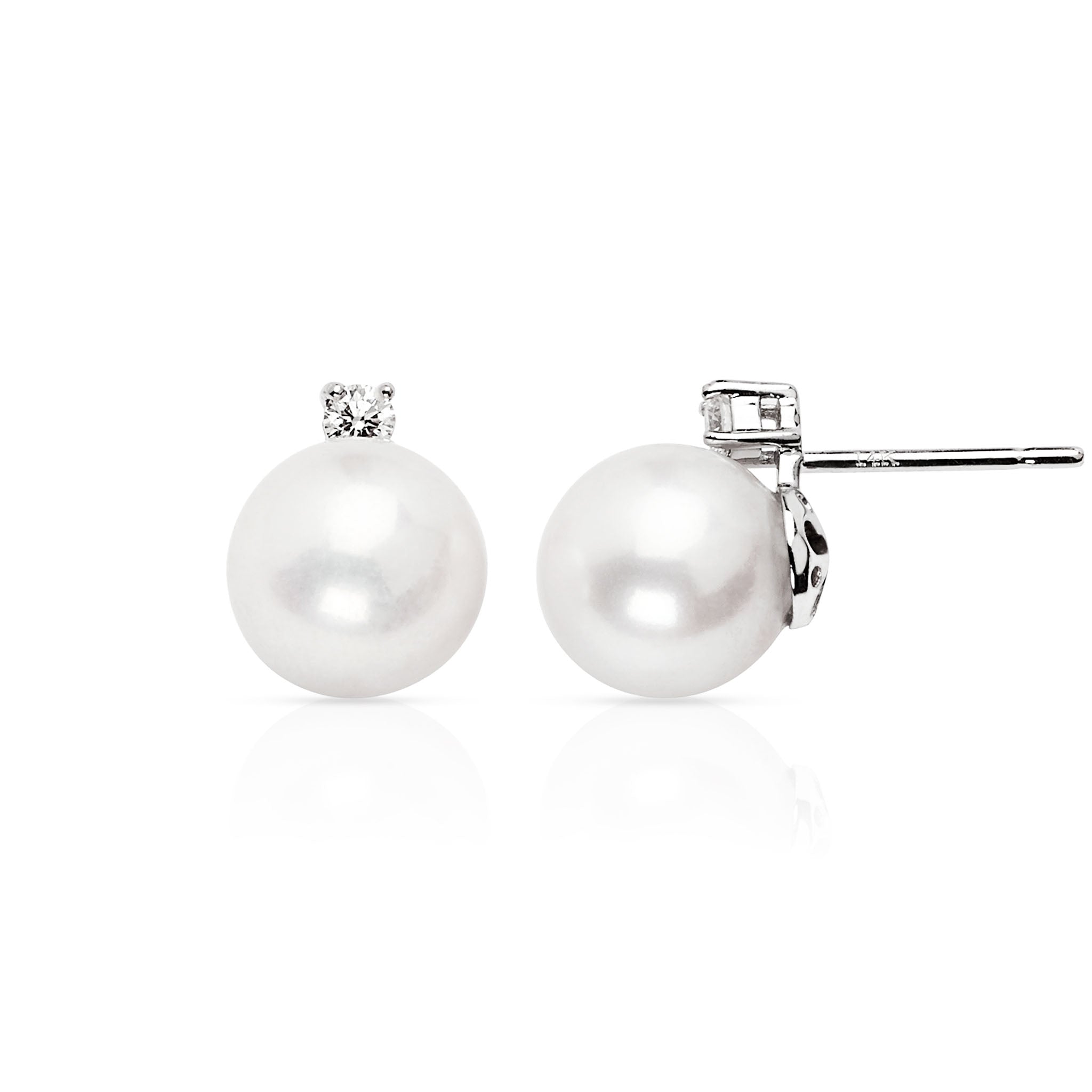 14K Solid Gold (.16ctw) Diamond Pearl Stud Earrings