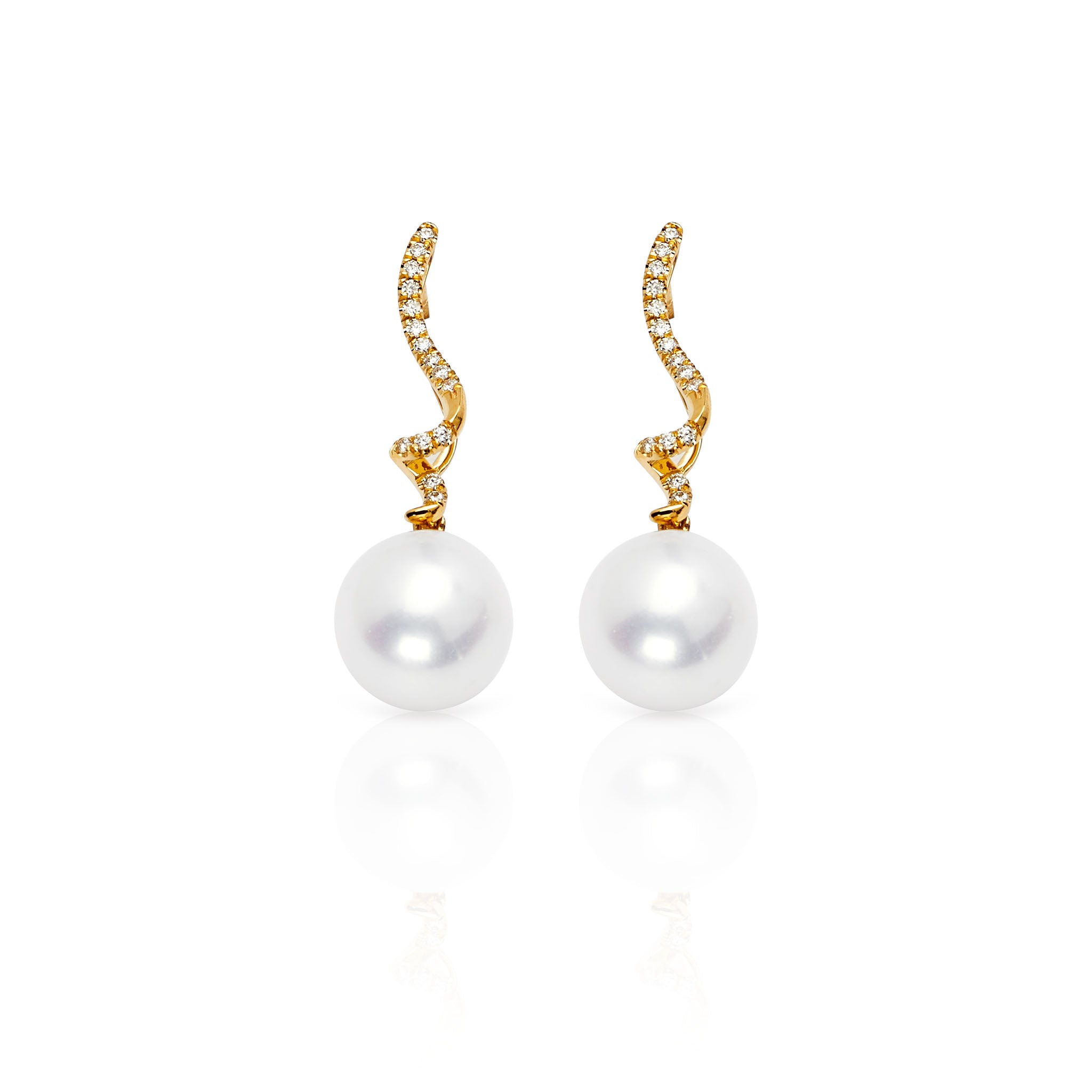 14K Solid Gold (.13ctw) Diamond Ribbon Drop Pearl Earrings