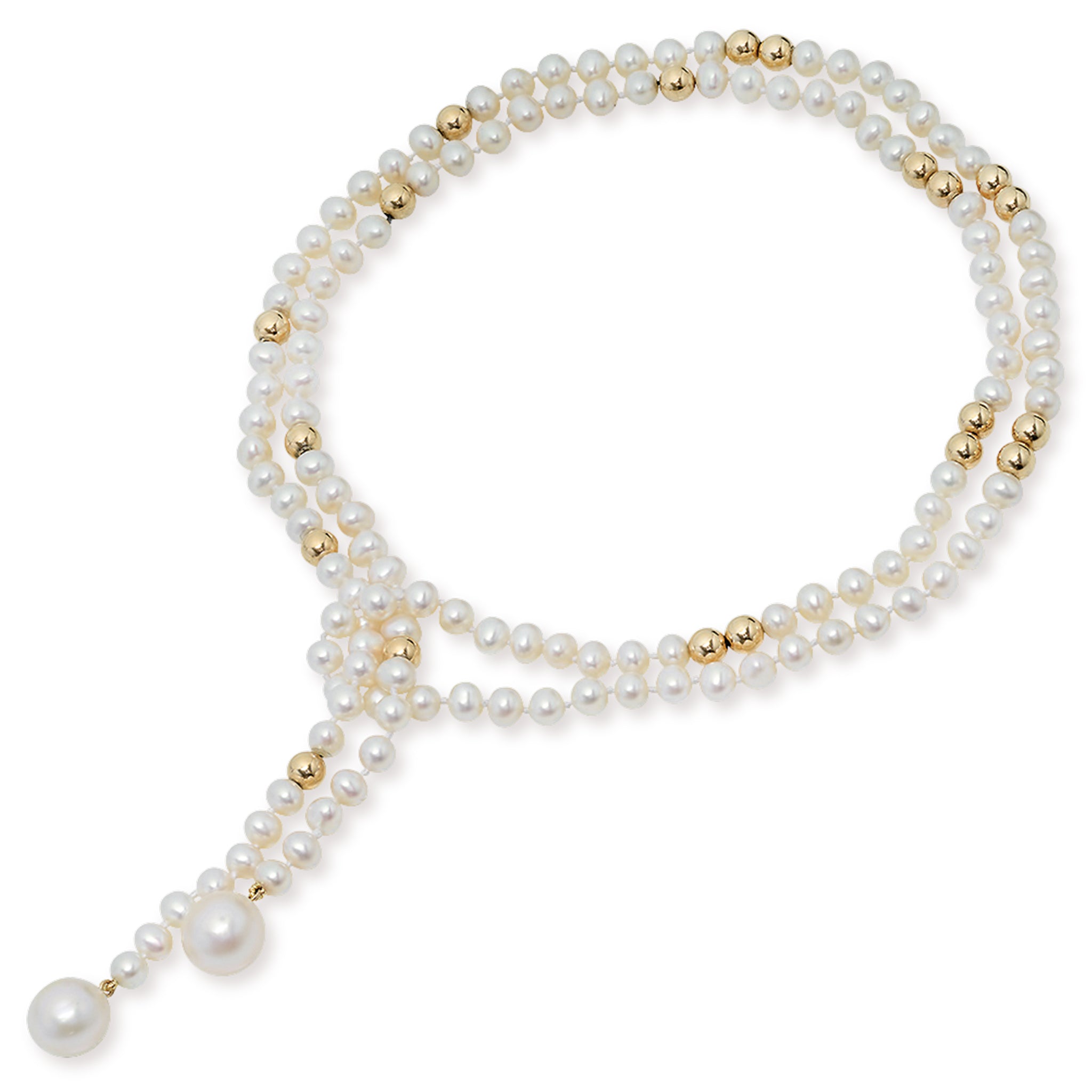 14K Solid Gold Lariat White Pearl Necklace