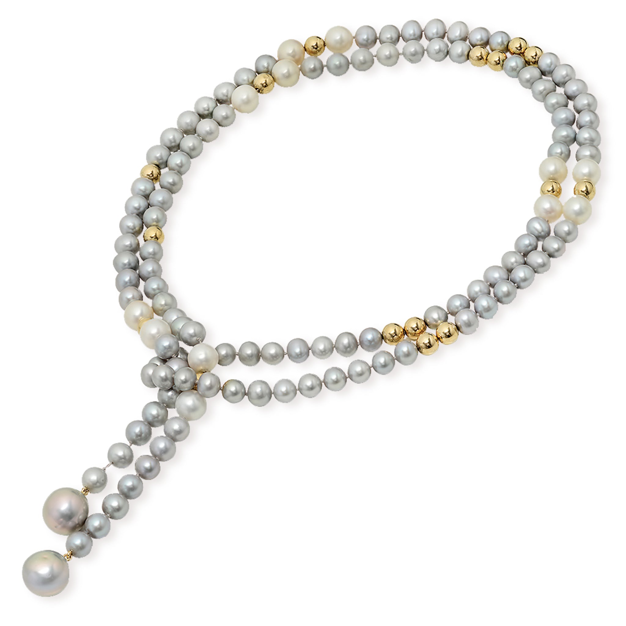 14K Solid Gold Lariate Grey and White Pearl Necklace