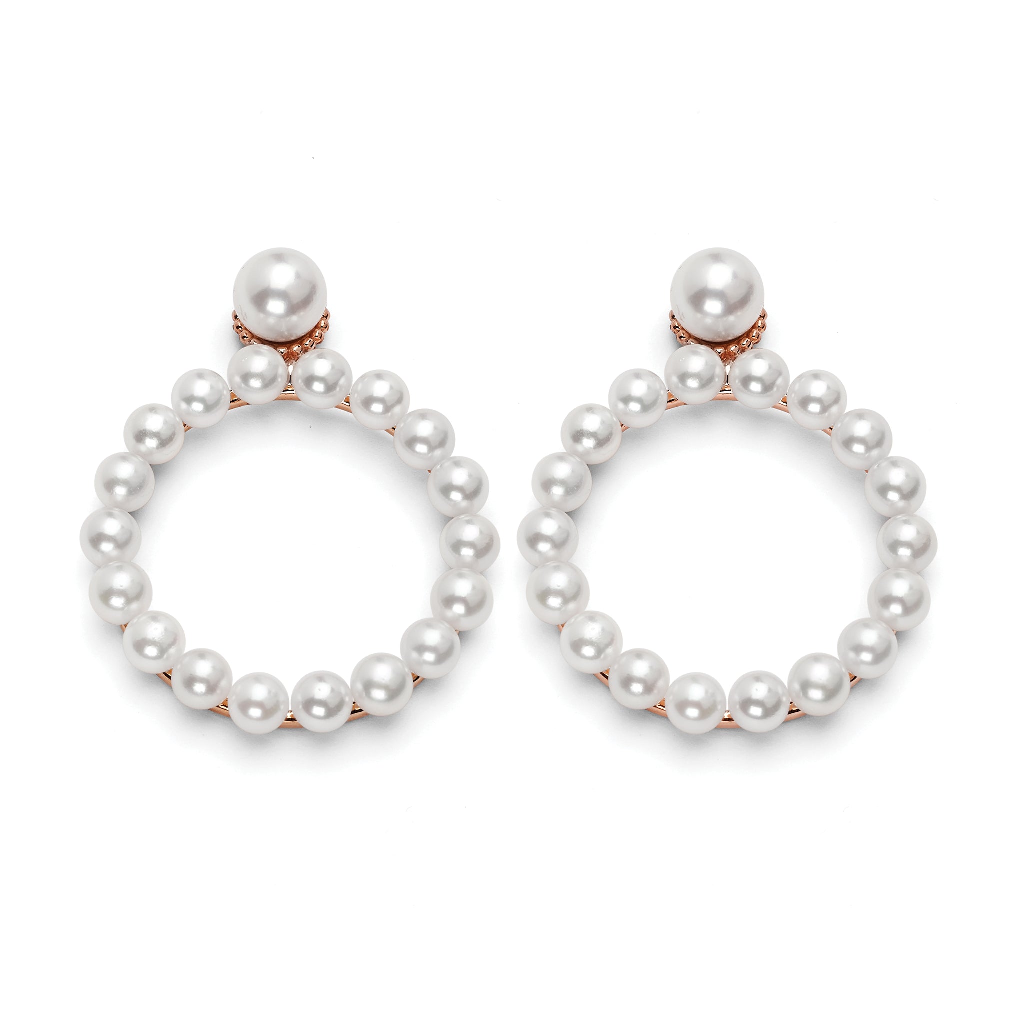 14K Solid Gold Open Circle Pearl Earrings