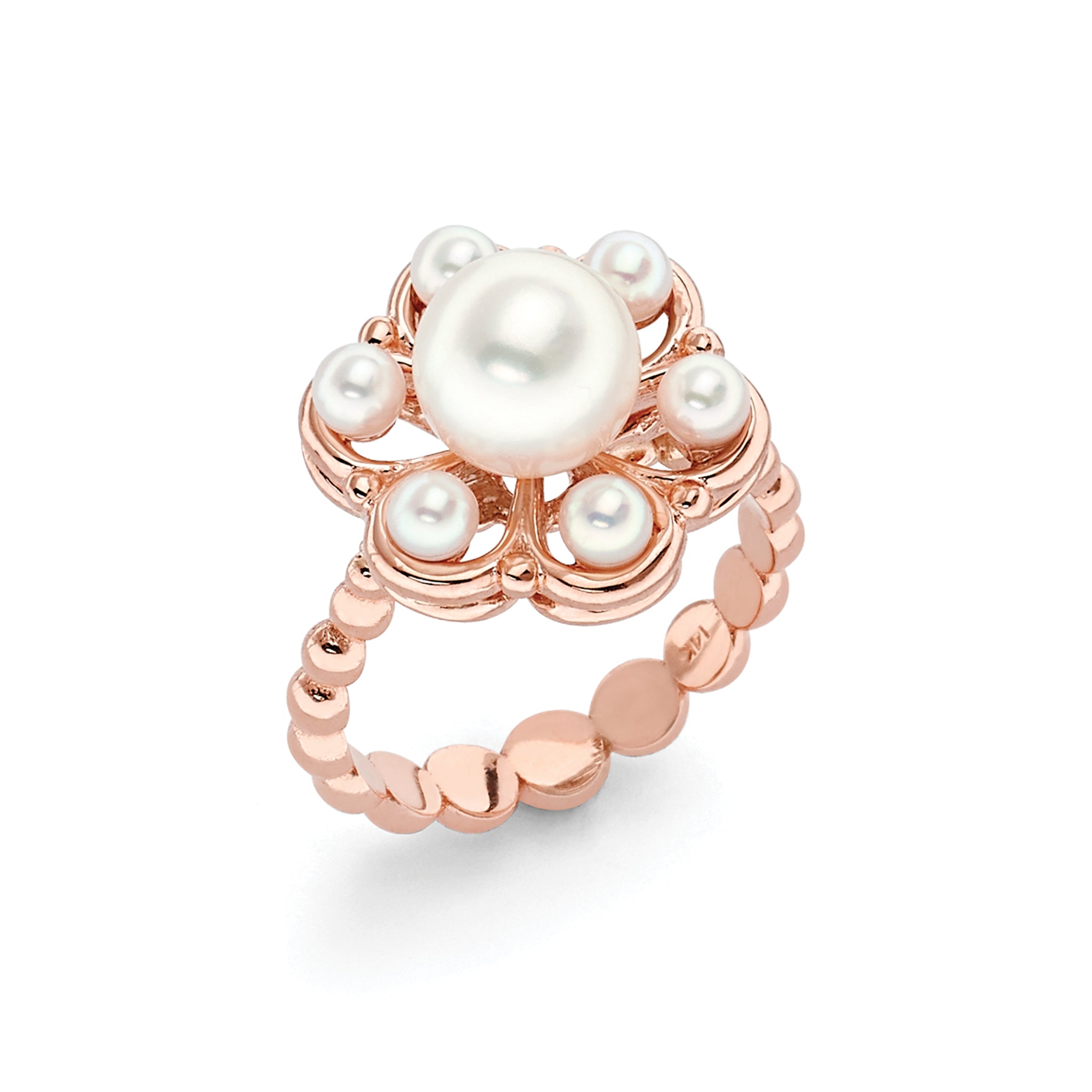 14K Solid Gold Beaded Pearl Halo Ring