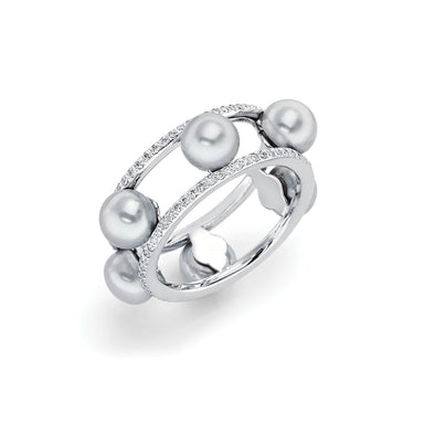 Double Wire Pearl Ring with Diamonds in 14K White Gold