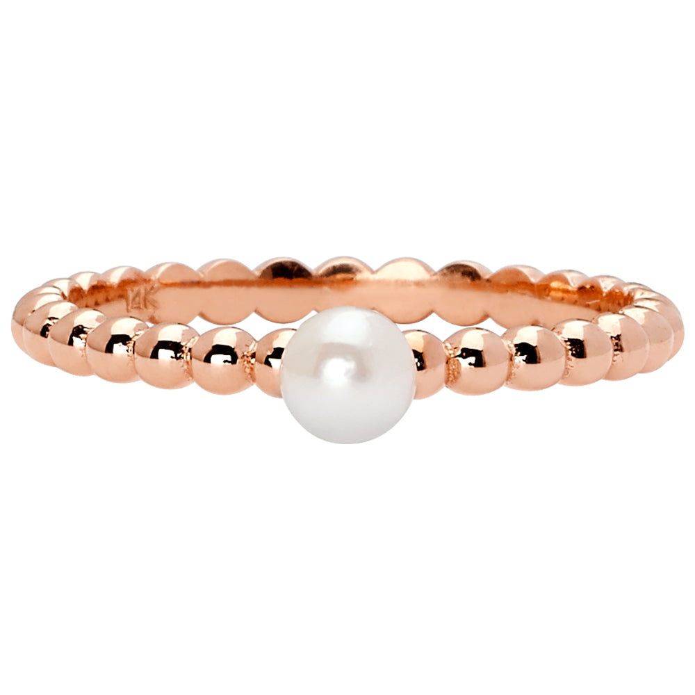 14K Solid Rose Gold Beaded 4mm Pearl Ring