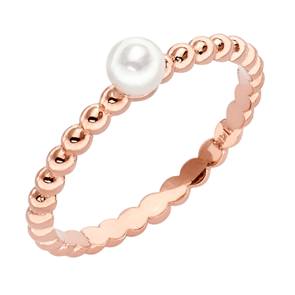 14K Solid Rose Gold Beaded 4mm Pearl Ring