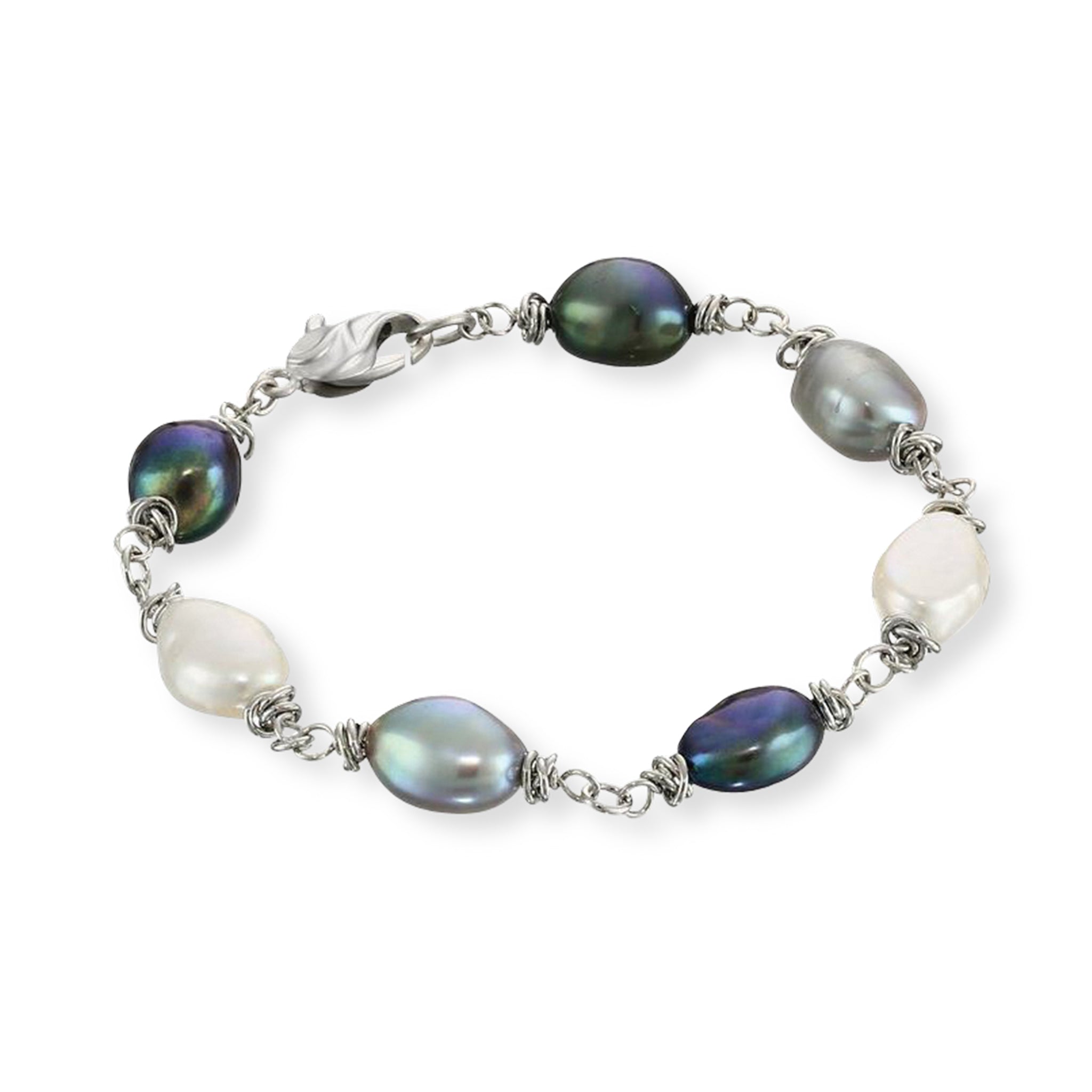 Sterling Silver 10mm Three-Tone Pearl Bracelet