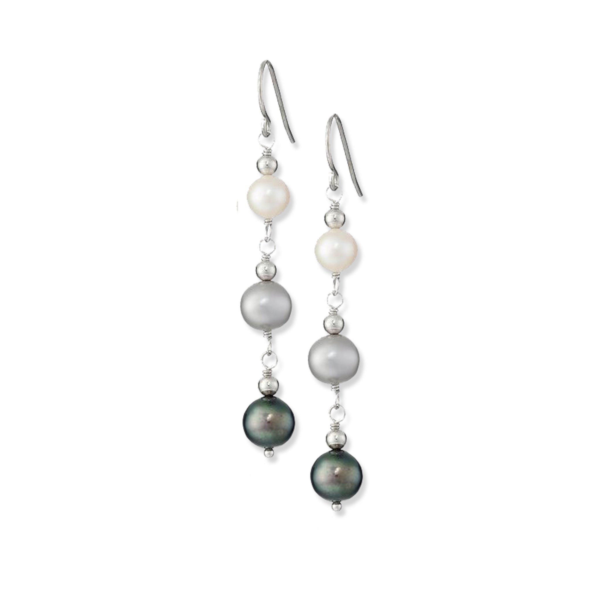 Sterling Silver Three-Tone Dangling Pearl Earrings