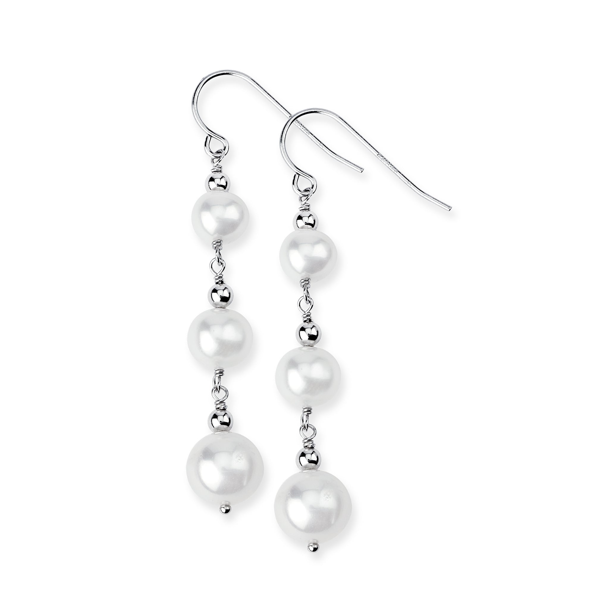 Sterling Silver Dangling White 3-Pearl Earrings