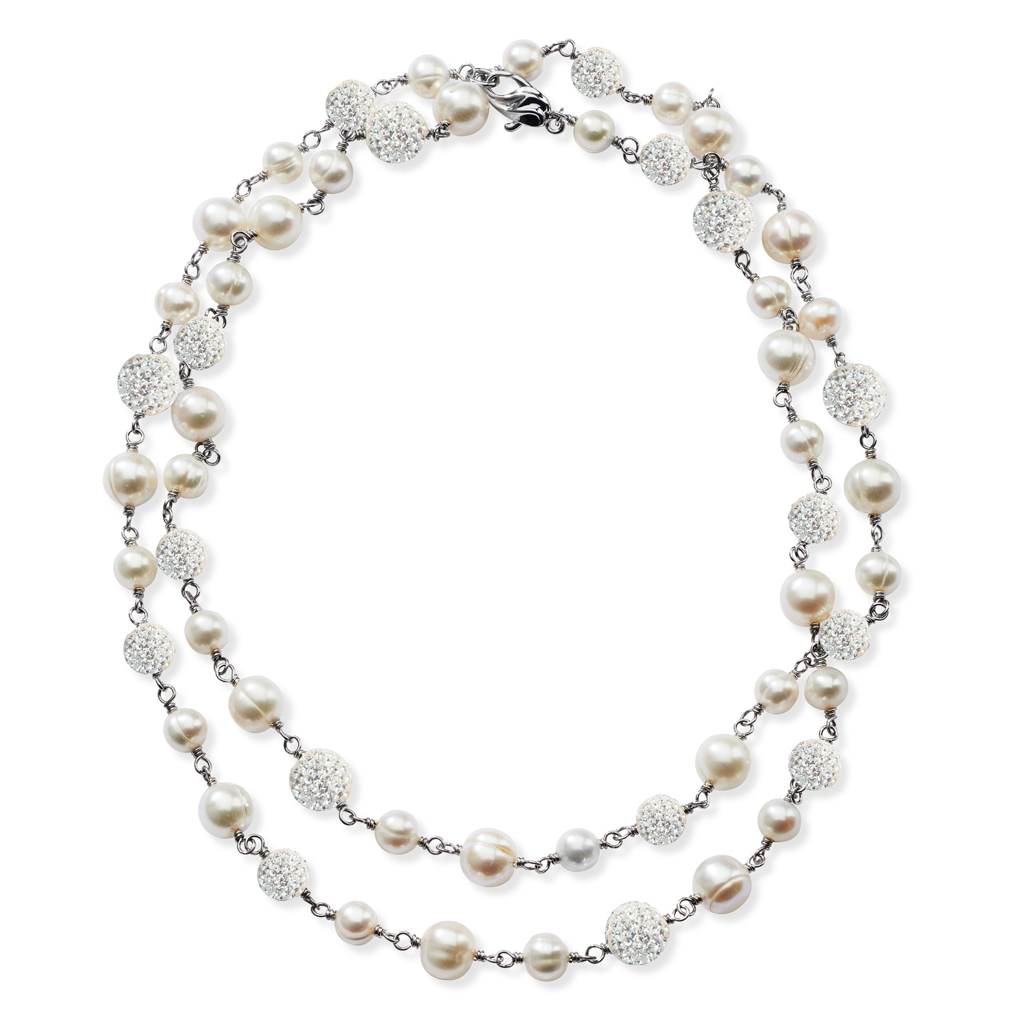 Sterling Silver White Freshwater Pearl Necklace with White Crystals