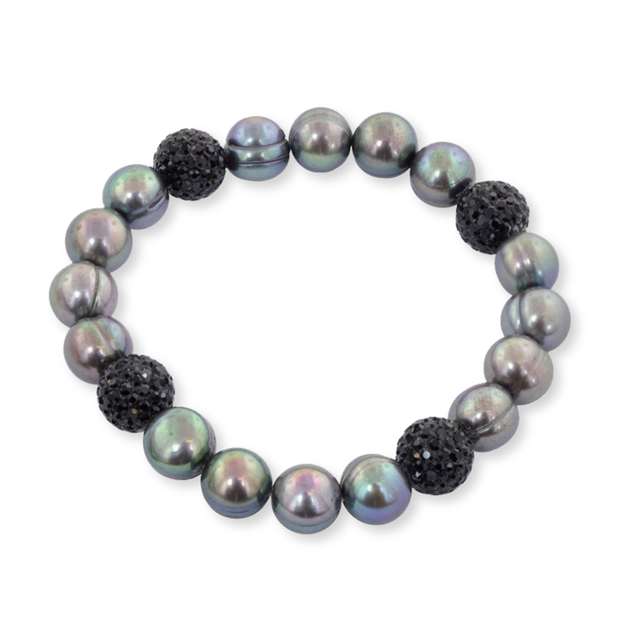 Sterling Silver Black South Sea Pearl Bracelet with Black Crystals