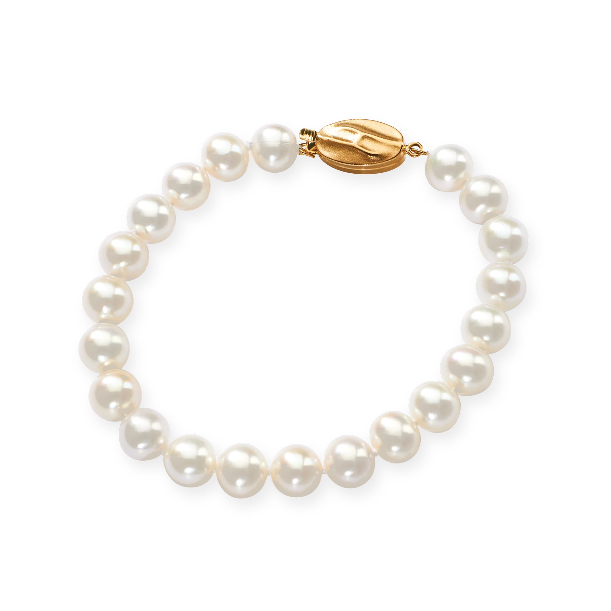 14K Solid Gold 7mm White Freshwater Pearl Bracelet