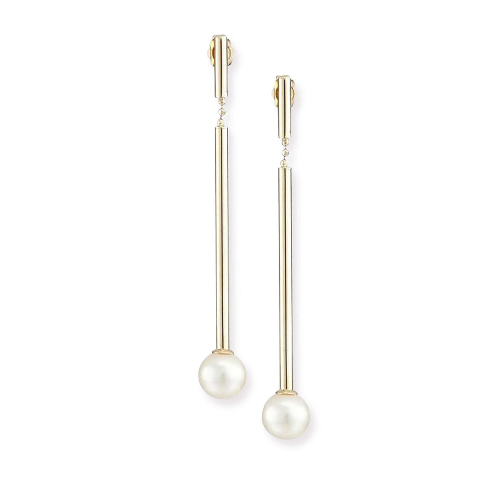 14K Solid Gold Line Drop White Pearl Earrings