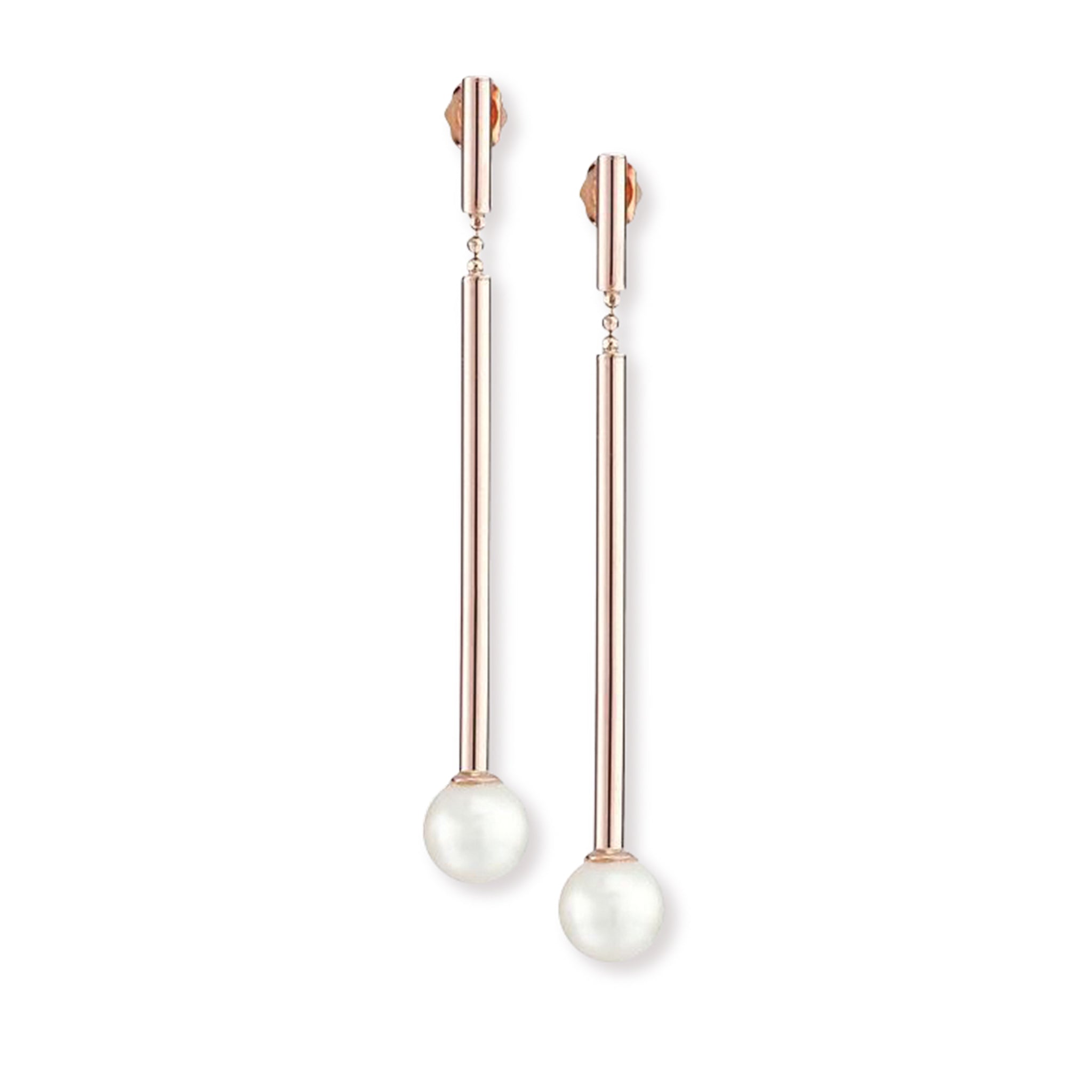 14K Solid Rose Gold Line Drop White Pearl Earrings