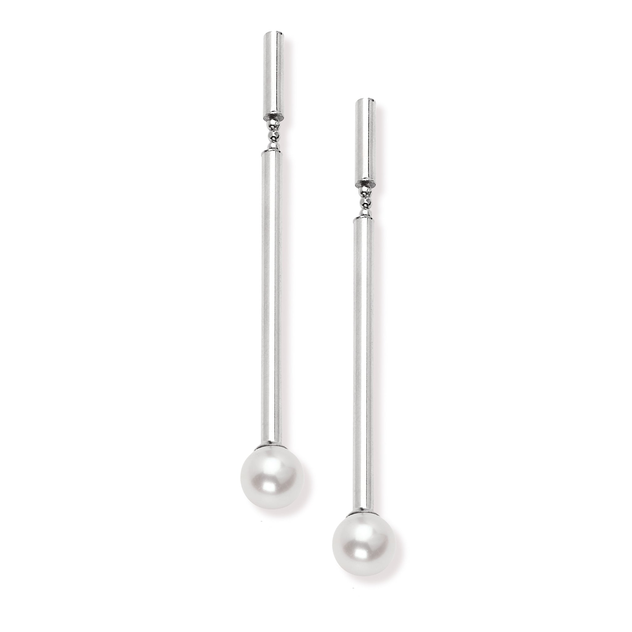 14K Solid White Gold Line Drop White Pearl Earrings