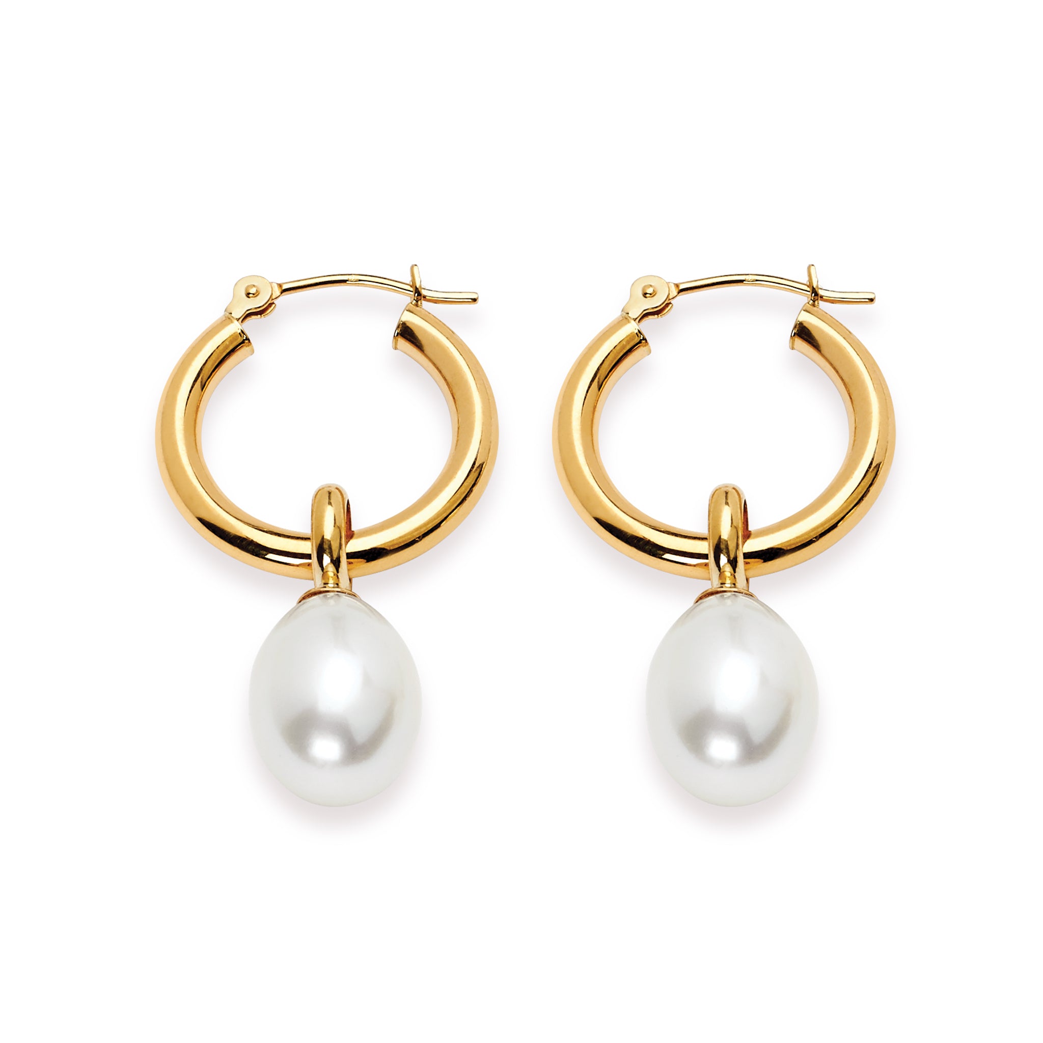 14K Solid Yellow Gold Pearl Drop Hoops Earrings