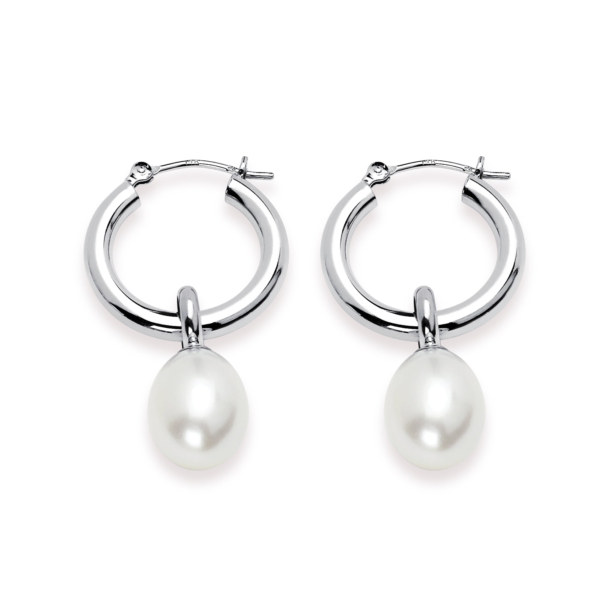 14K White Gold Pearl Drop Hoops Earrings