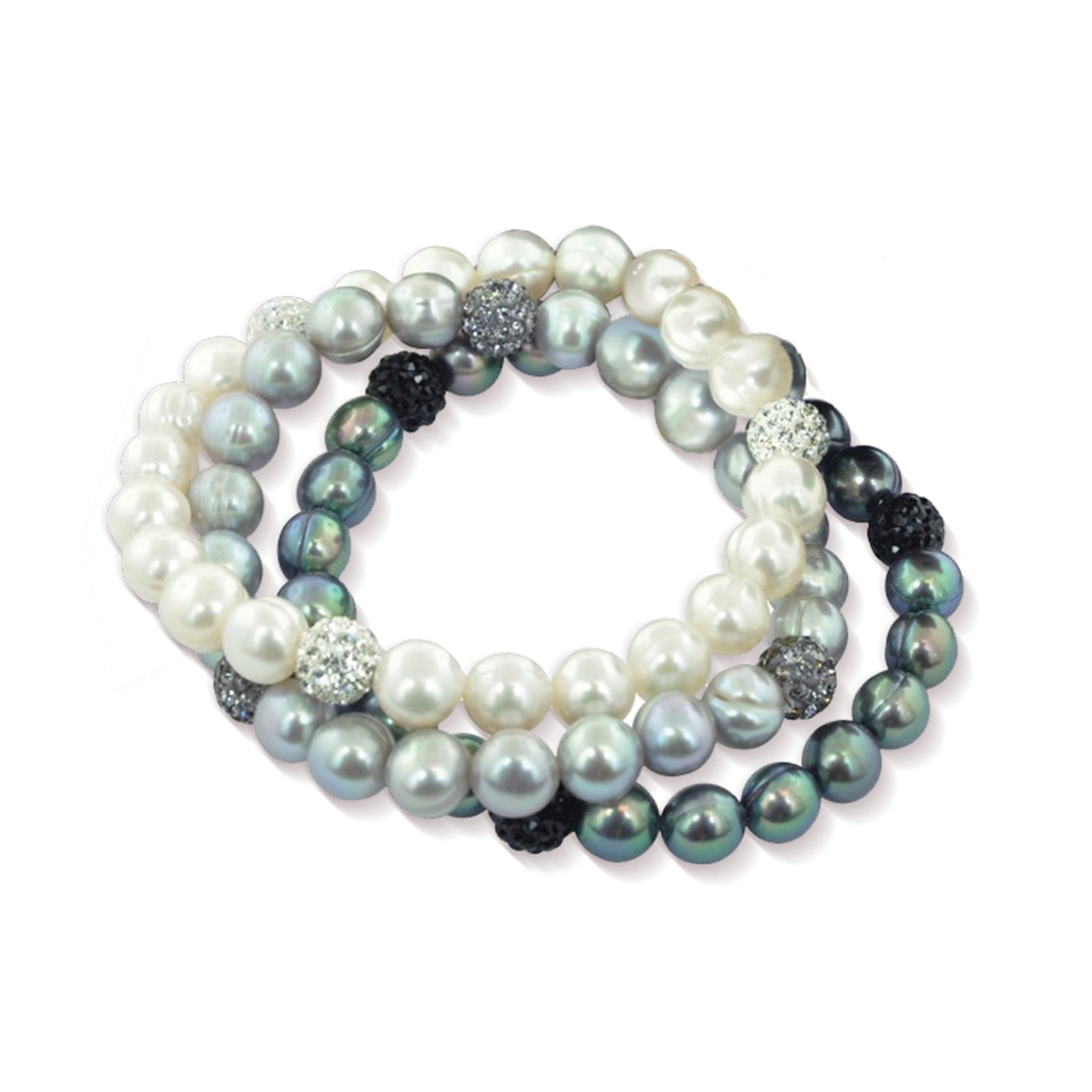 Sterling Silver Set of 3 Pearl Bracelets with Crystals