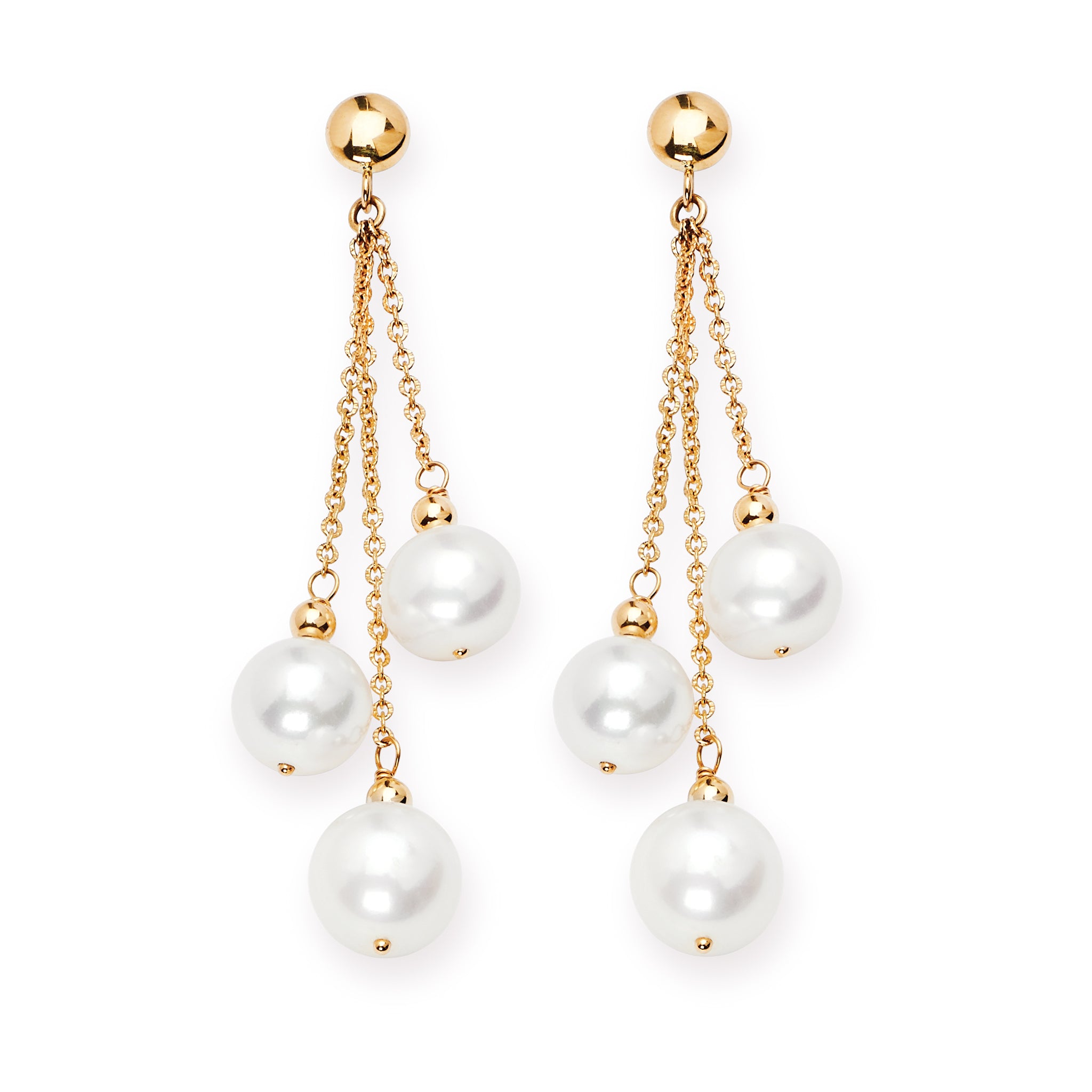 14K Solid Gold Three-Pearl Earrings