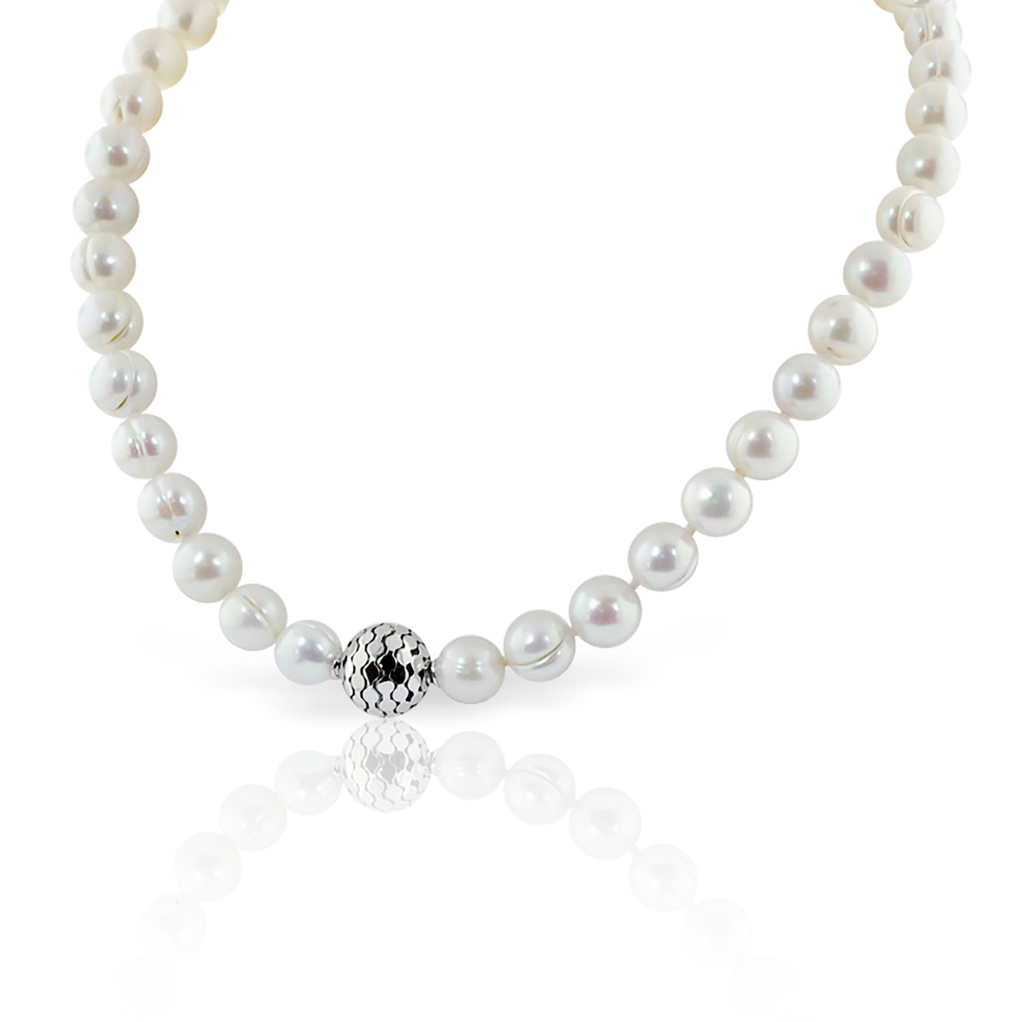 White Round Pearl Necklace with Sterling Silver Globe