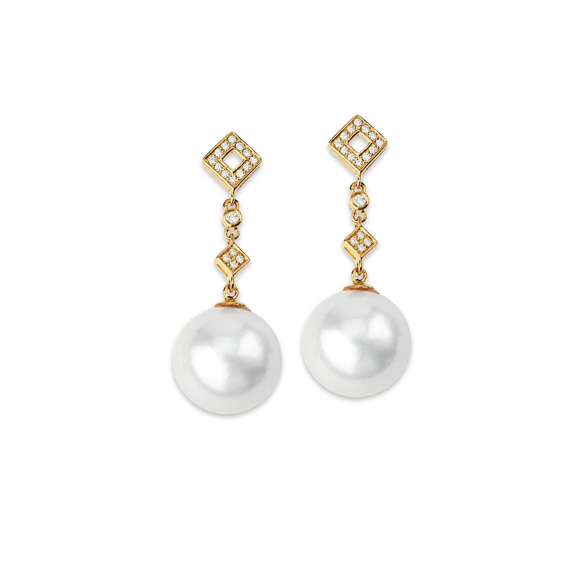 14K Solid Gold (.15ctw) Diamond Geometric South Sea Pearl Earrings