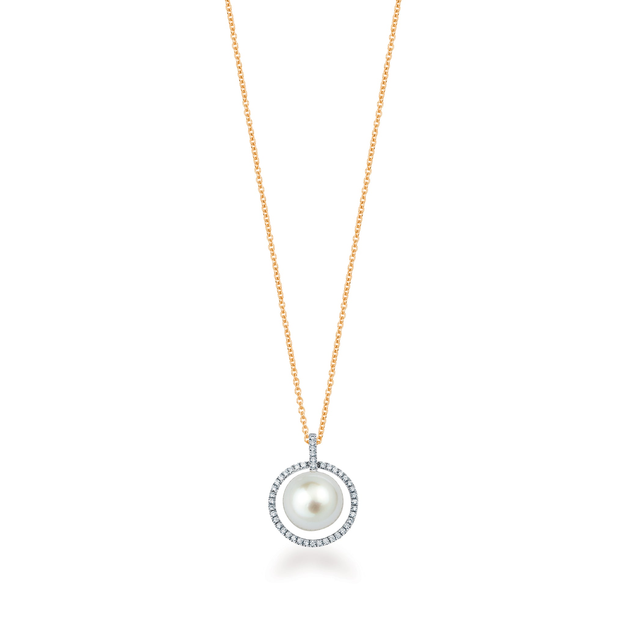 14K Solid Gold (.20ctw) Diamond Open Circle Pearl Pendant