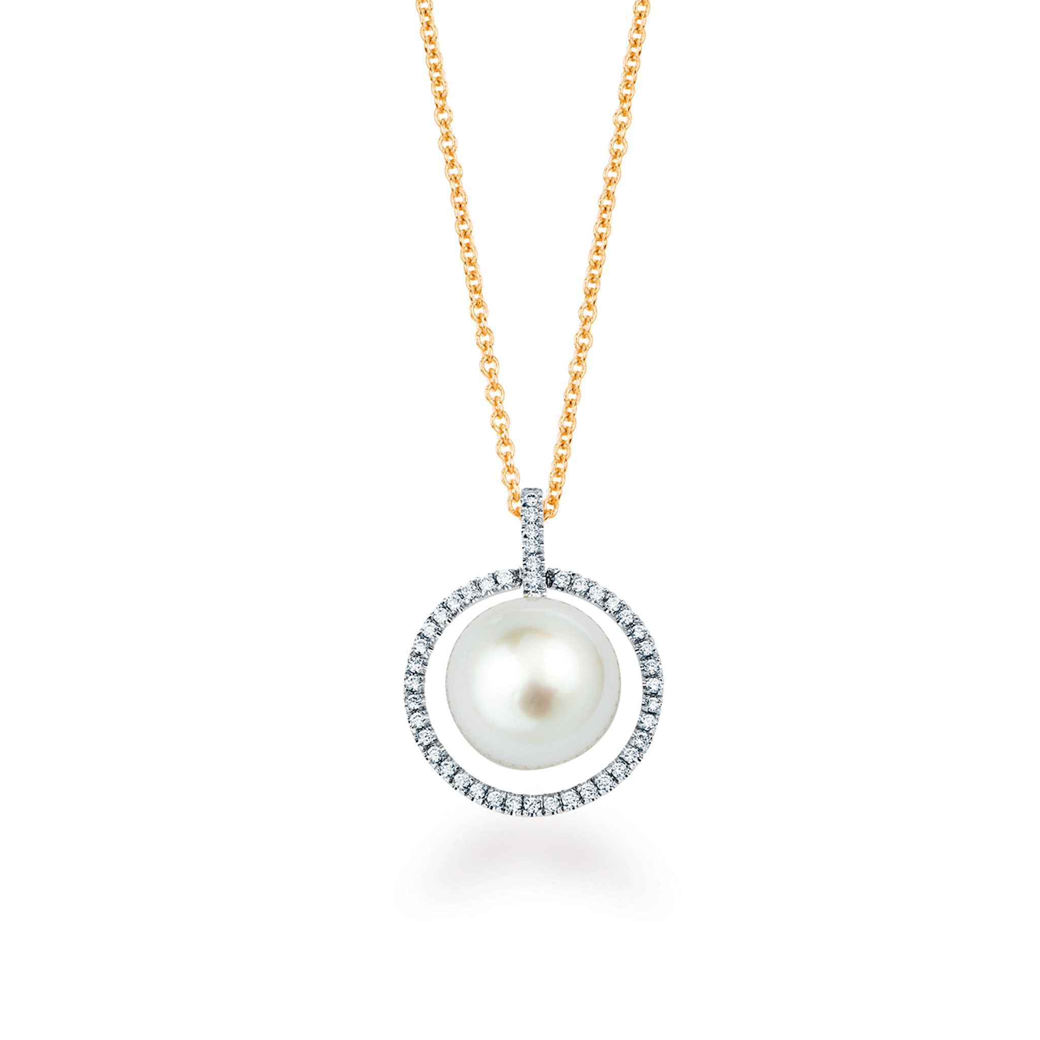 14K Solid Gold (.20ctw) Diamond Open Circle Pearl Pendant