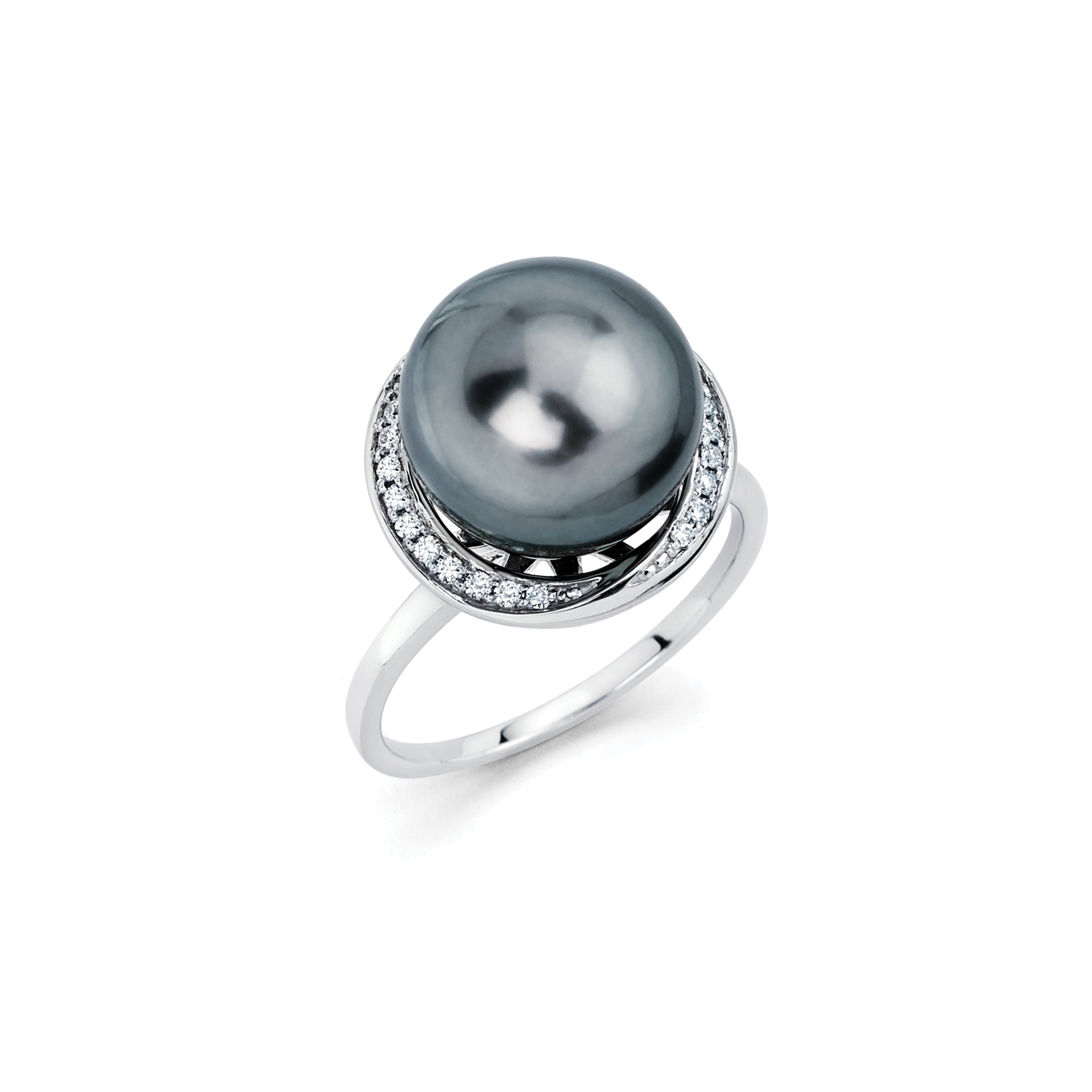 14K Solid Gold (.13ctw) Diamond and Black South Sea Pearl Ring